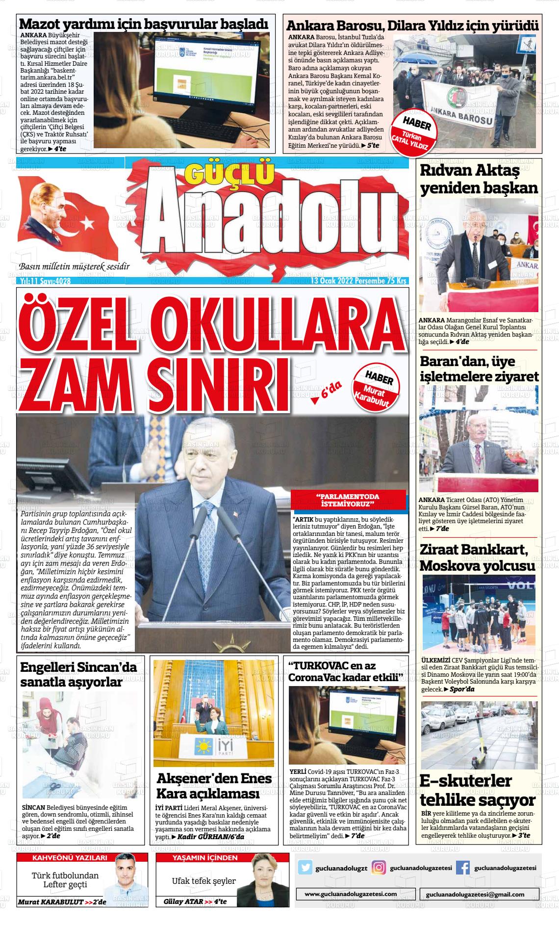 13 Ocak 2022 Güçlü Anadolu Gazete Manşeti