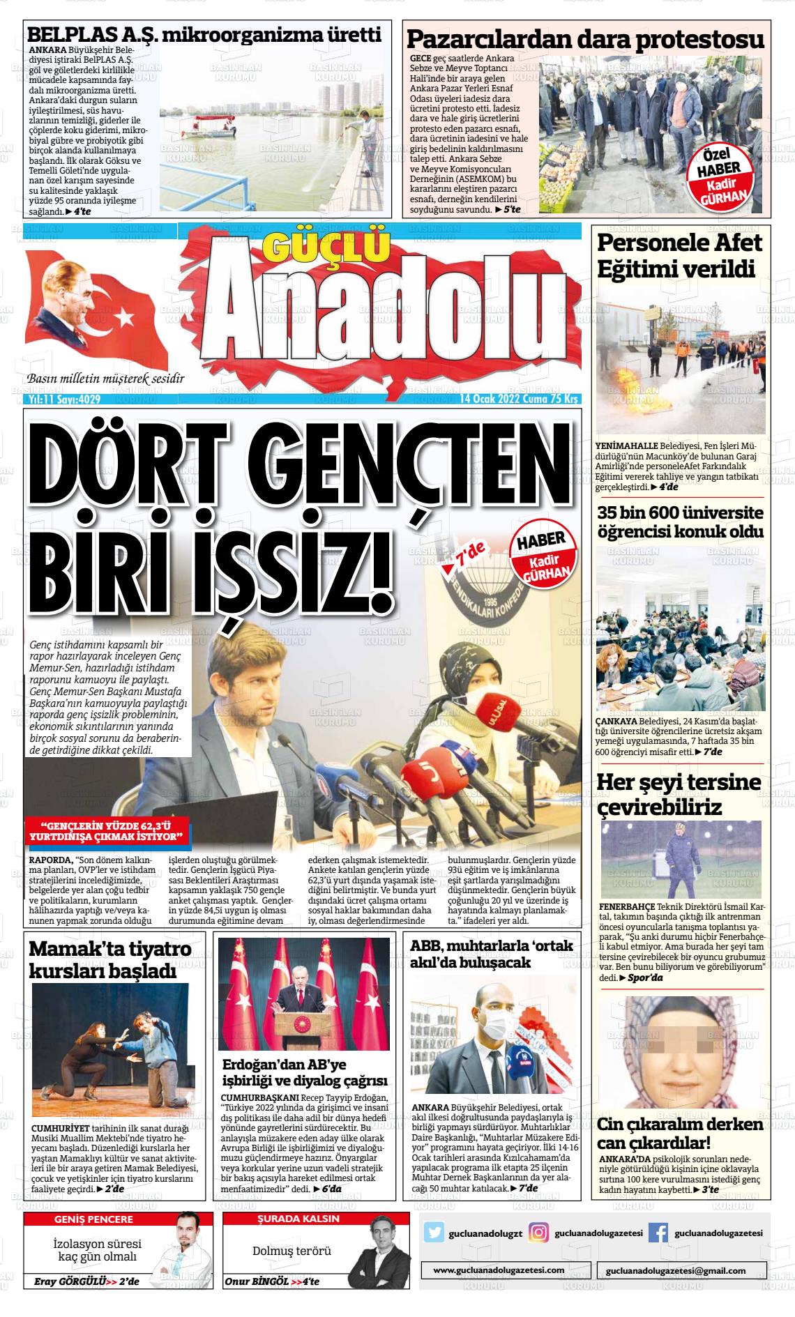 14 Ocak 2022 Güçlü Anadolu Gazete Manşeti
