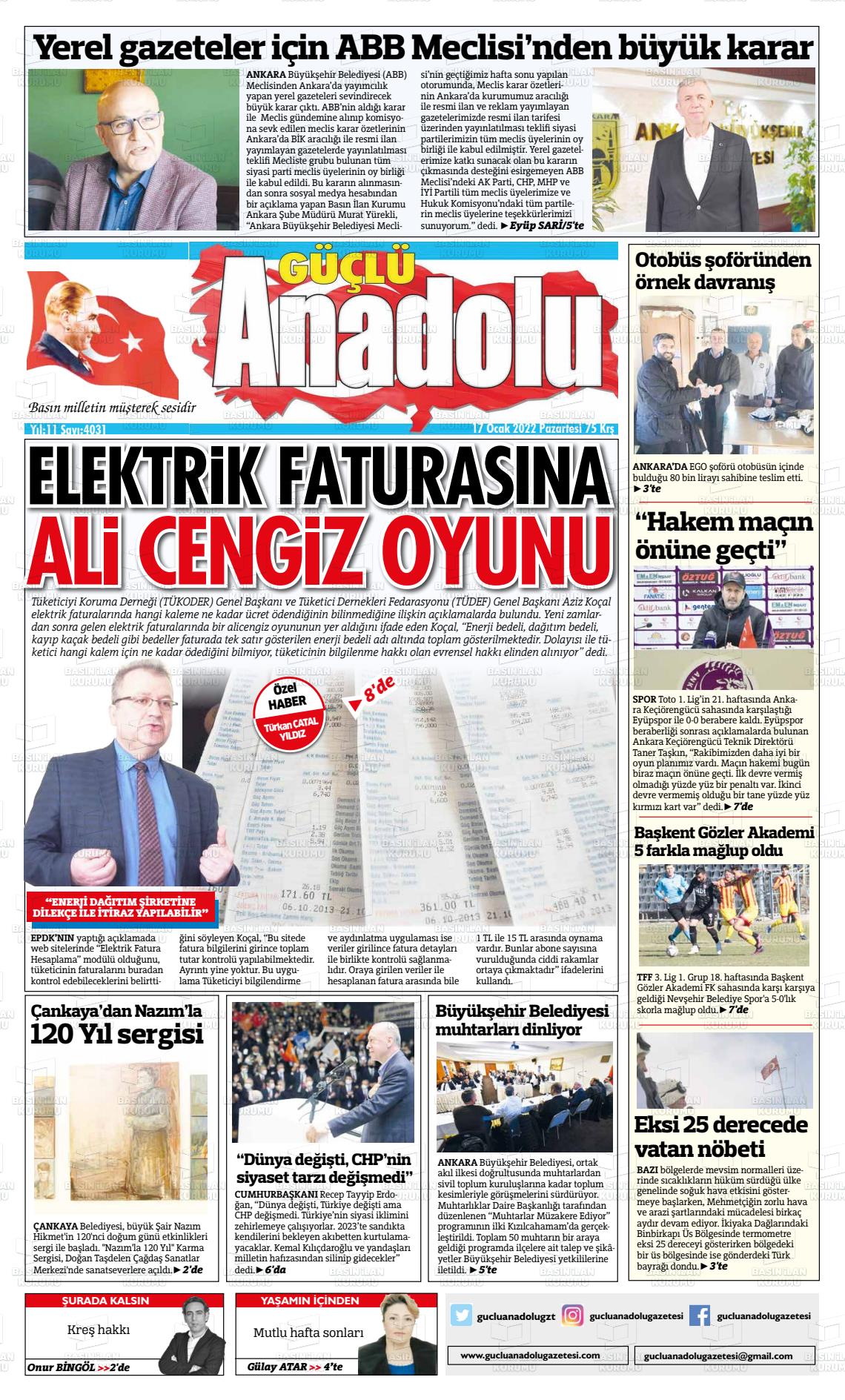 17 Ocak 2022 Güçlü Anadolu Gazete Manşeti