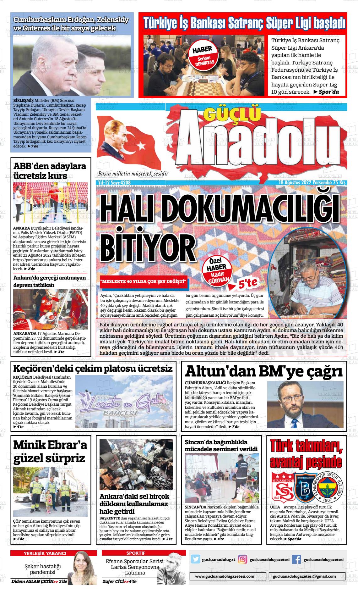 18 Ağustos 2022 Güçlü Anadolu Gazete Manşeti