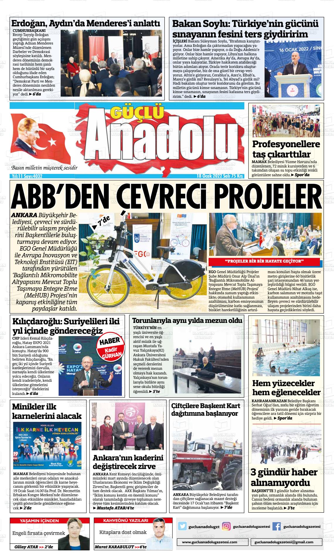 18 Ocak 2022 Güçlü Anadolu Gazete Manşeti