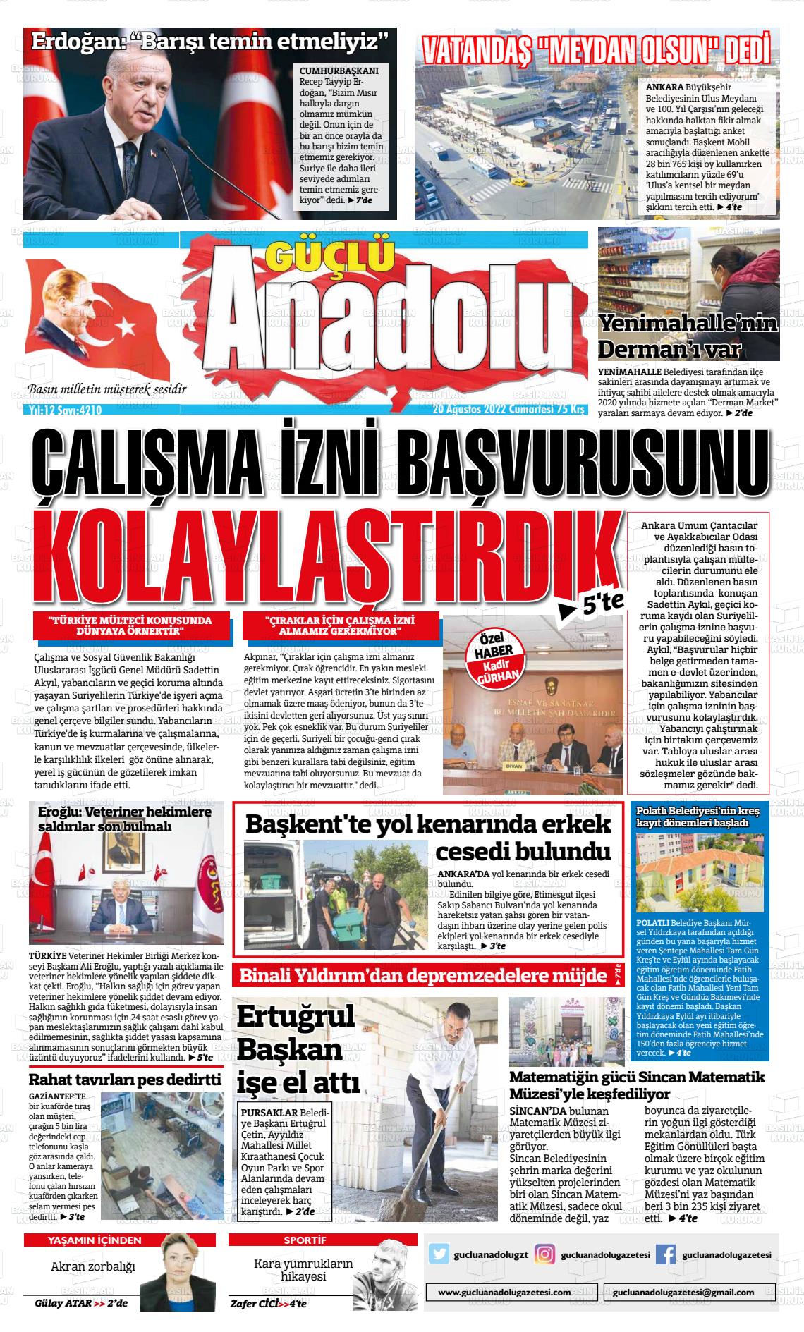 20 Ağustos 2022 Güçlü Anadolu Gazete Manşeti