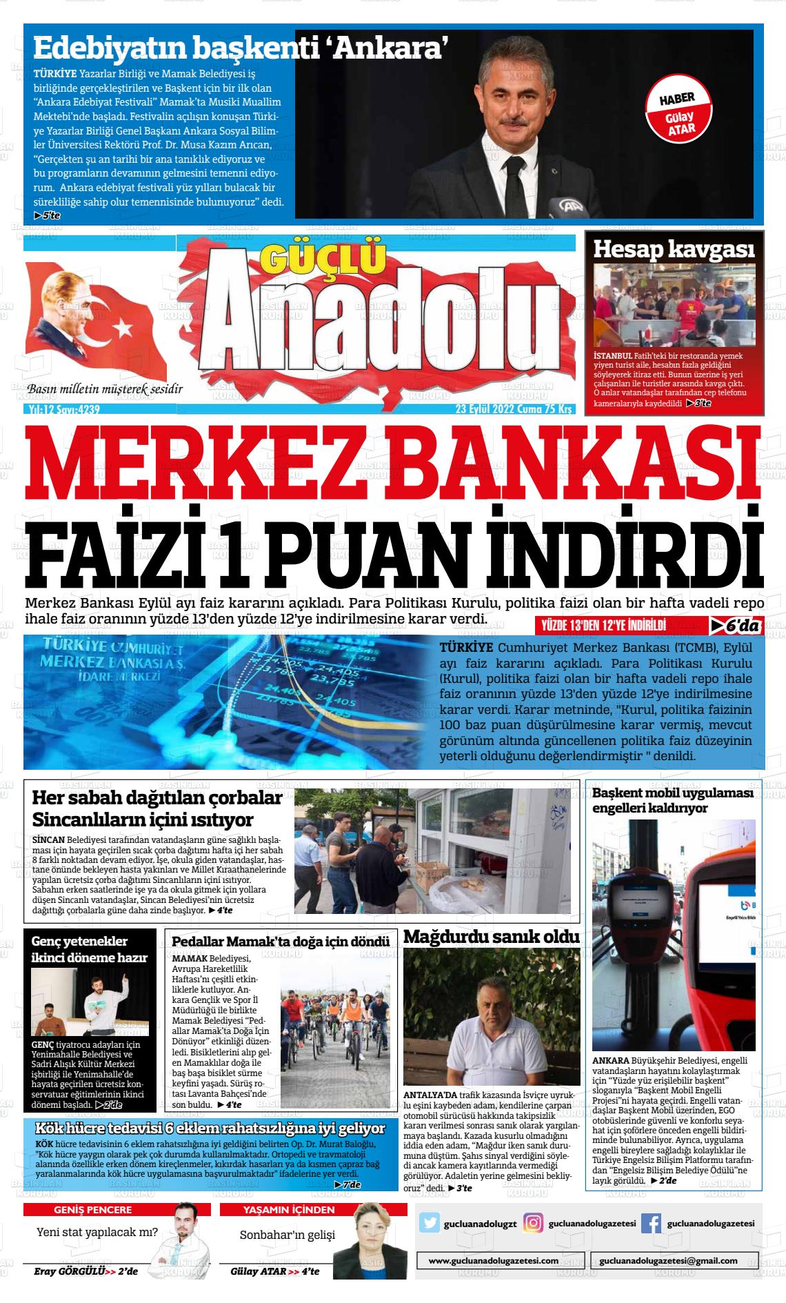 23 Eylül 2022 Güçlü Anadolu Gazete Manşeti