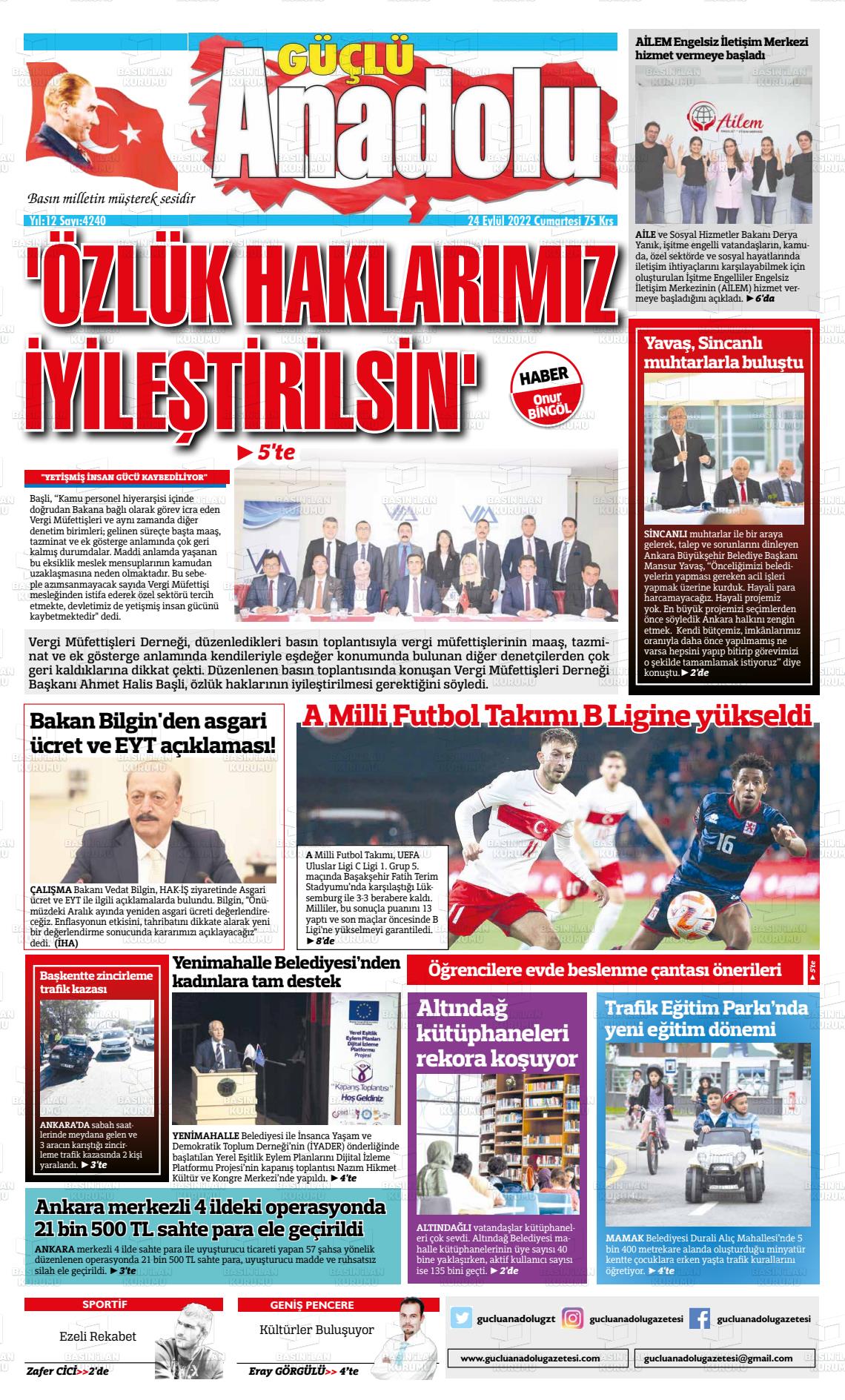 24 Eylül 2022 Güçlü Anadolu Gazete Manşeti
