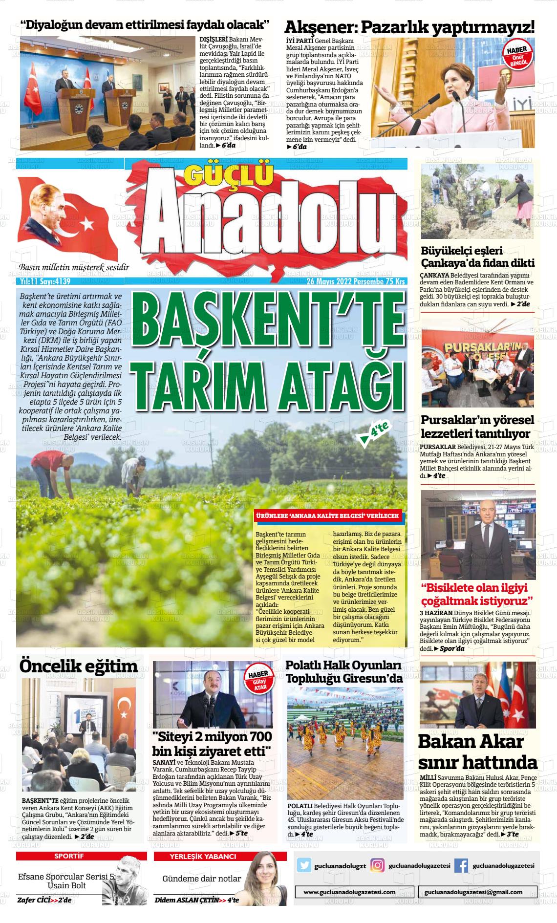 26 Mayıs 2022 Güçlü Anadolu Gazete Manşeti