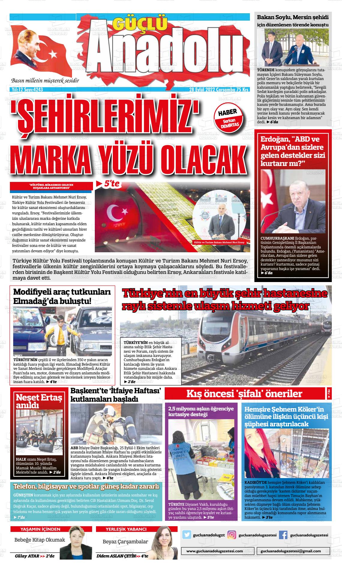 28 Eylül 2022 Güçlü Anadolu Gazete Manşeti