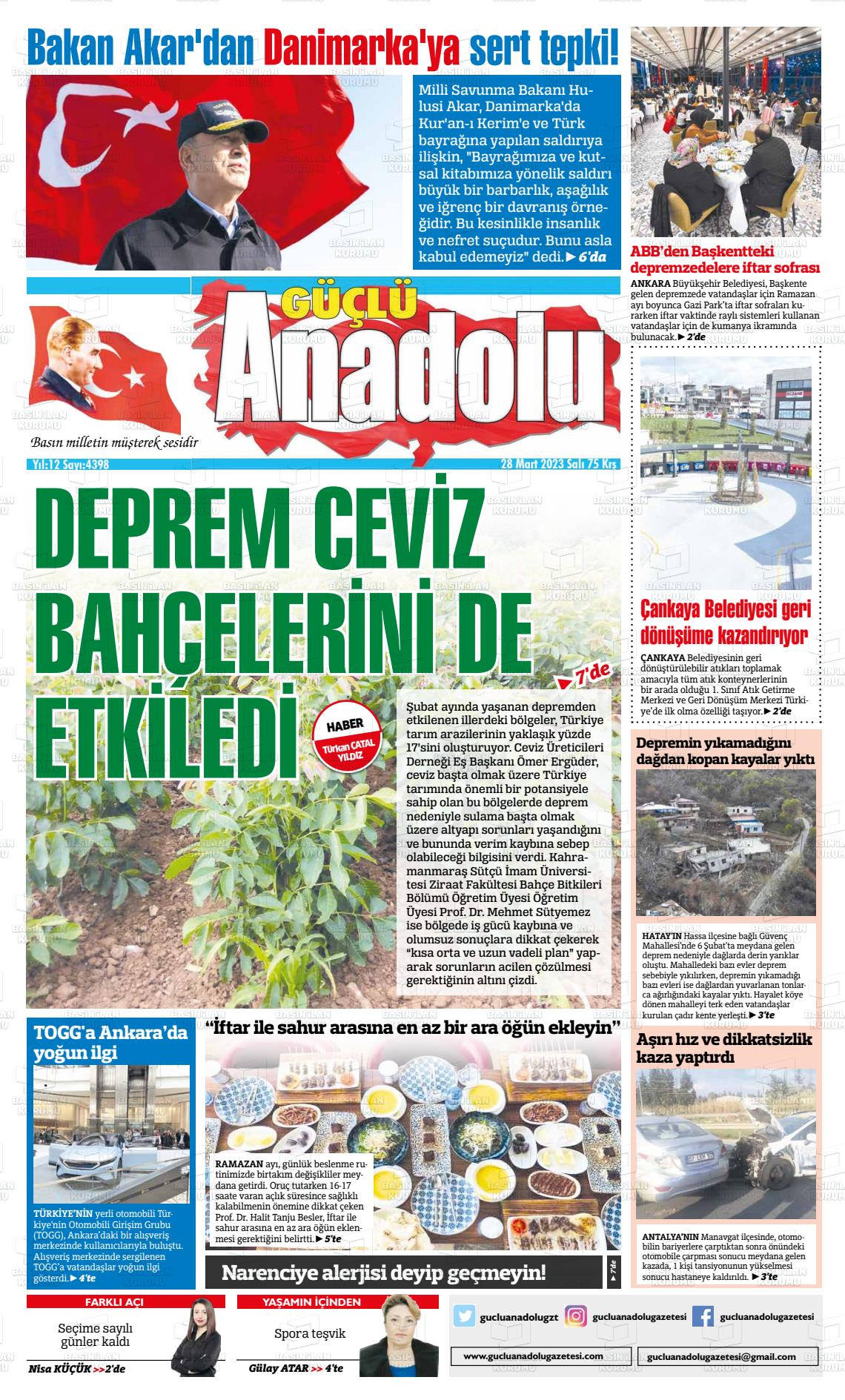 28 Mart 2023 Güçlü Anadolu Gazete Manşeti
