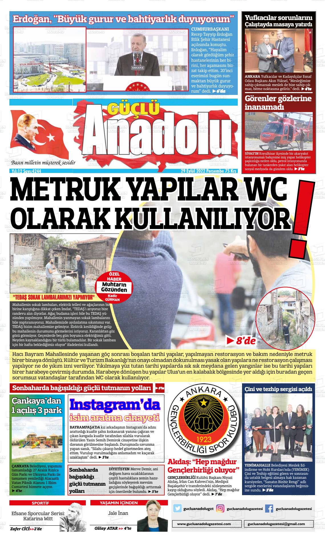 29 Eylül 2022 Güçlü Anadolu Gazete Manşeti