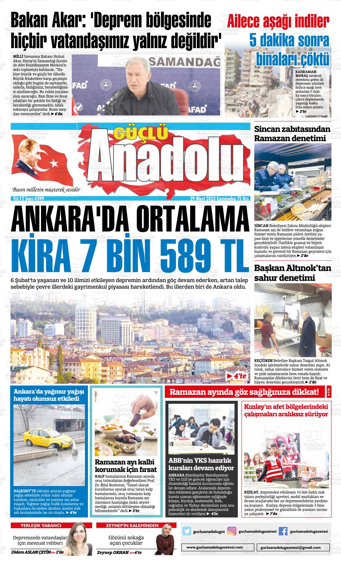 29 Mart 2023 Güçlü Anadolu Gazete Manşeti