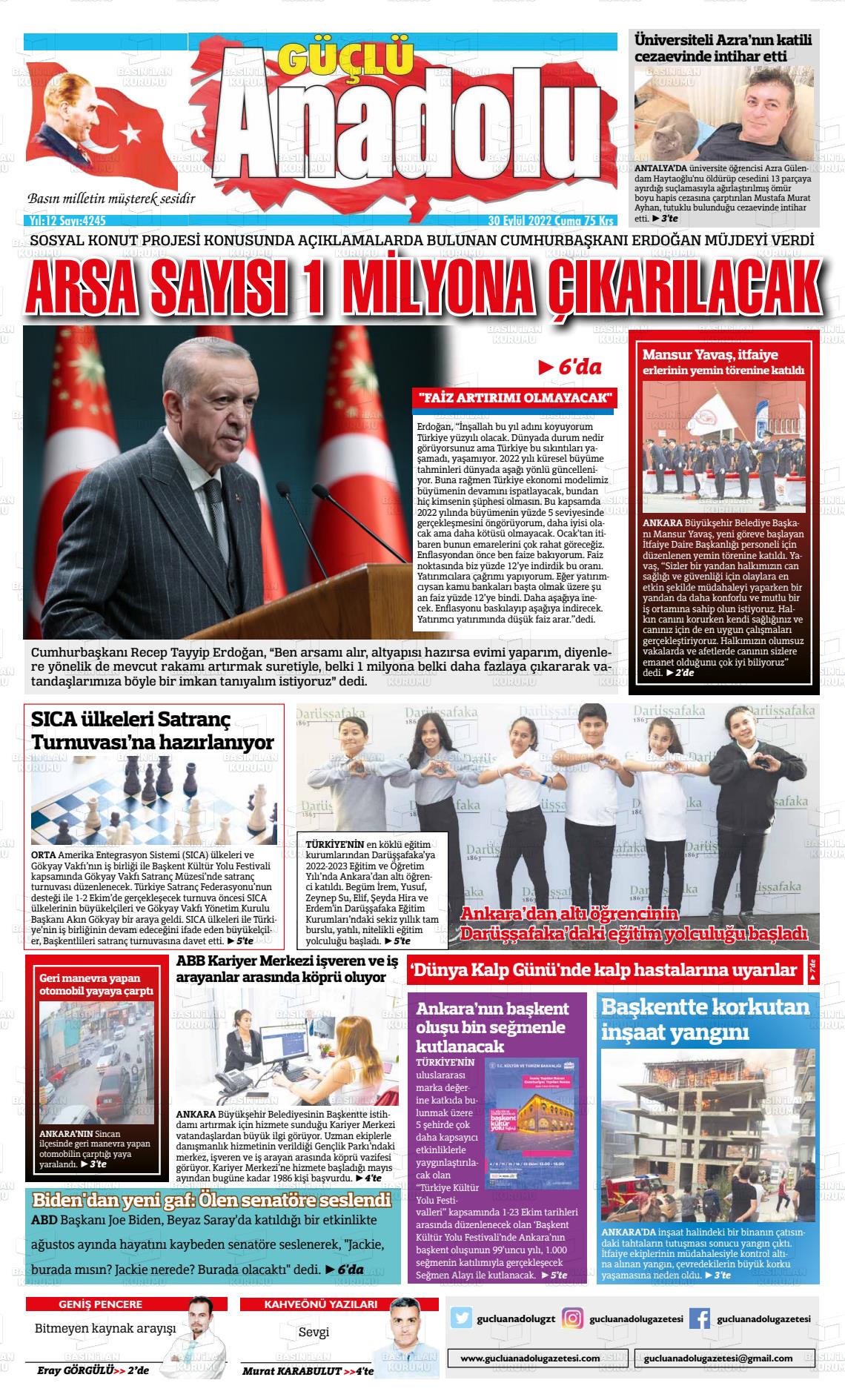 30 Eylül 2022 Güçlü Anadolu Gazete Manşeti