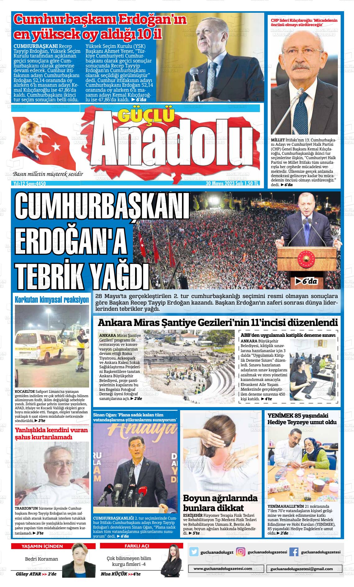 30 Mayıs 2023 Güçlü Anadolu Gazete Manşeti