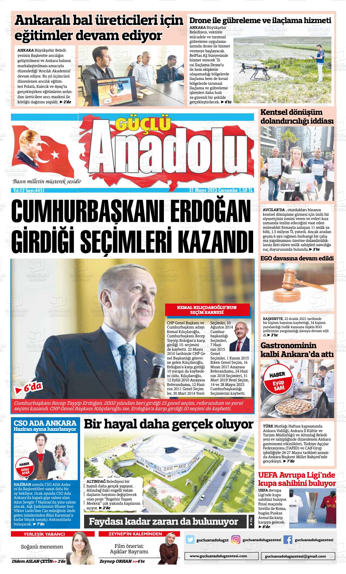 31 Mayıs 2023 Güçlü Anadolu Gazete Manşeti