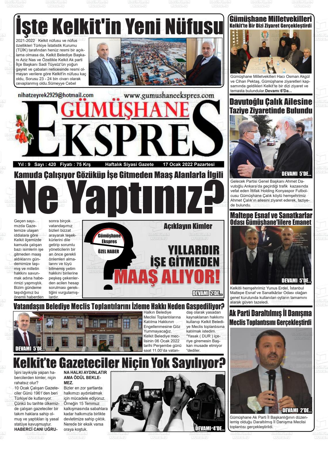 17 Ocak 2022 Gümüşhane Ekspres Gazete Manşeti
