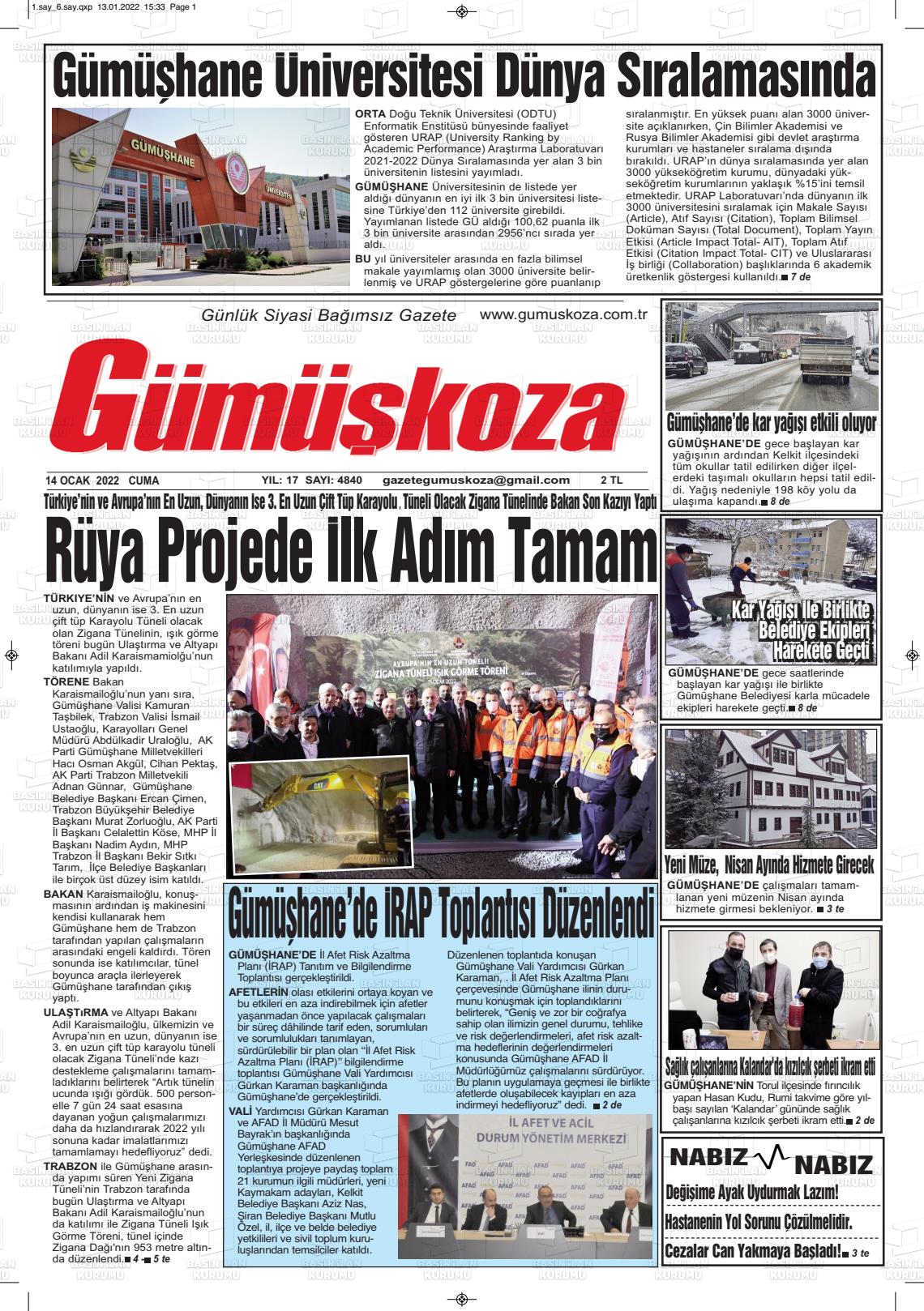 14 Ocak 2022 Gümüşkoza Gazete Manşeti