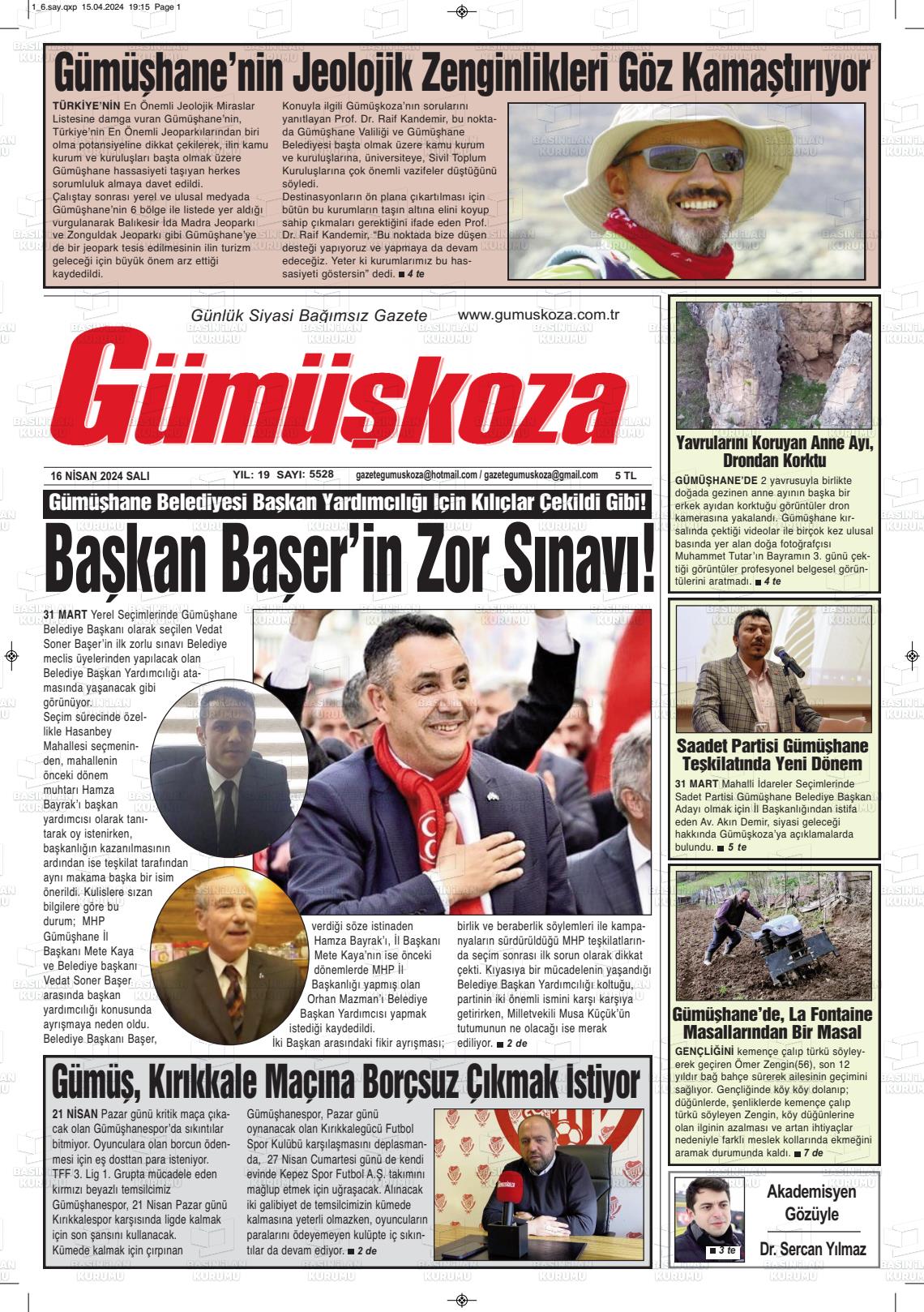 18 Nisan 2024 Gümüşkoza Gazete Manşeti