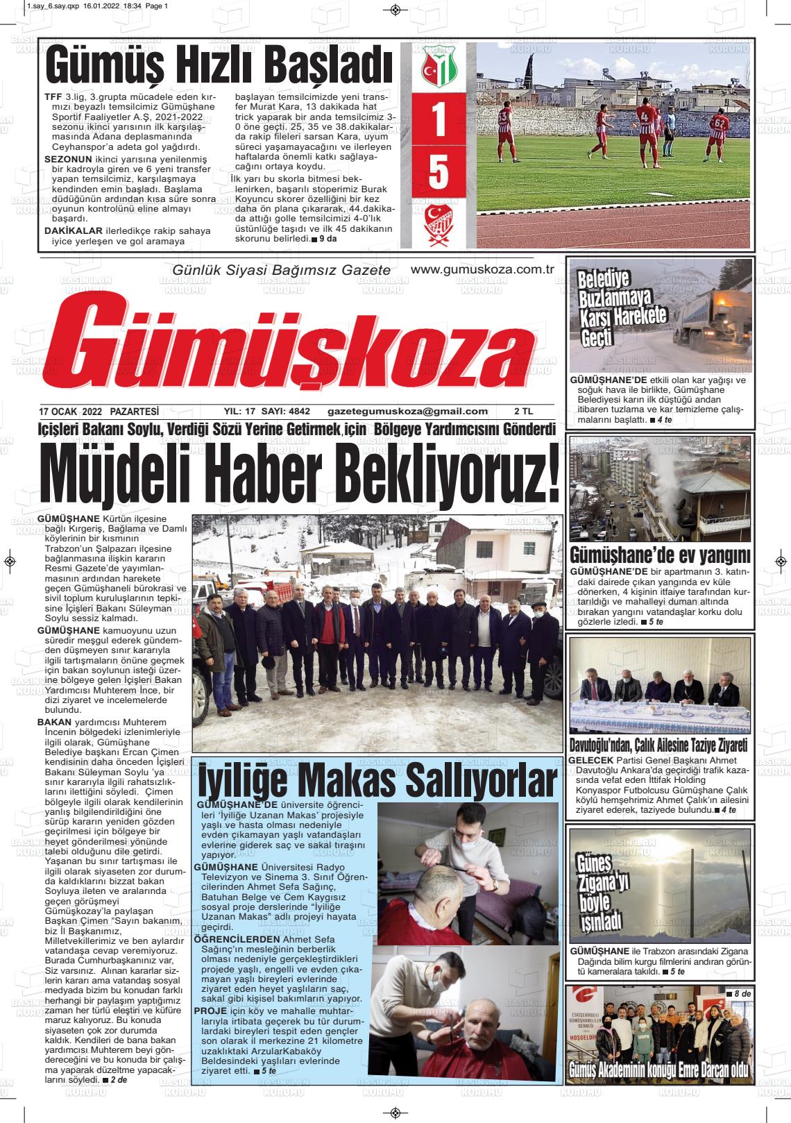 17 Ocak 2022 Gümüşkoza Gazete Manşeti