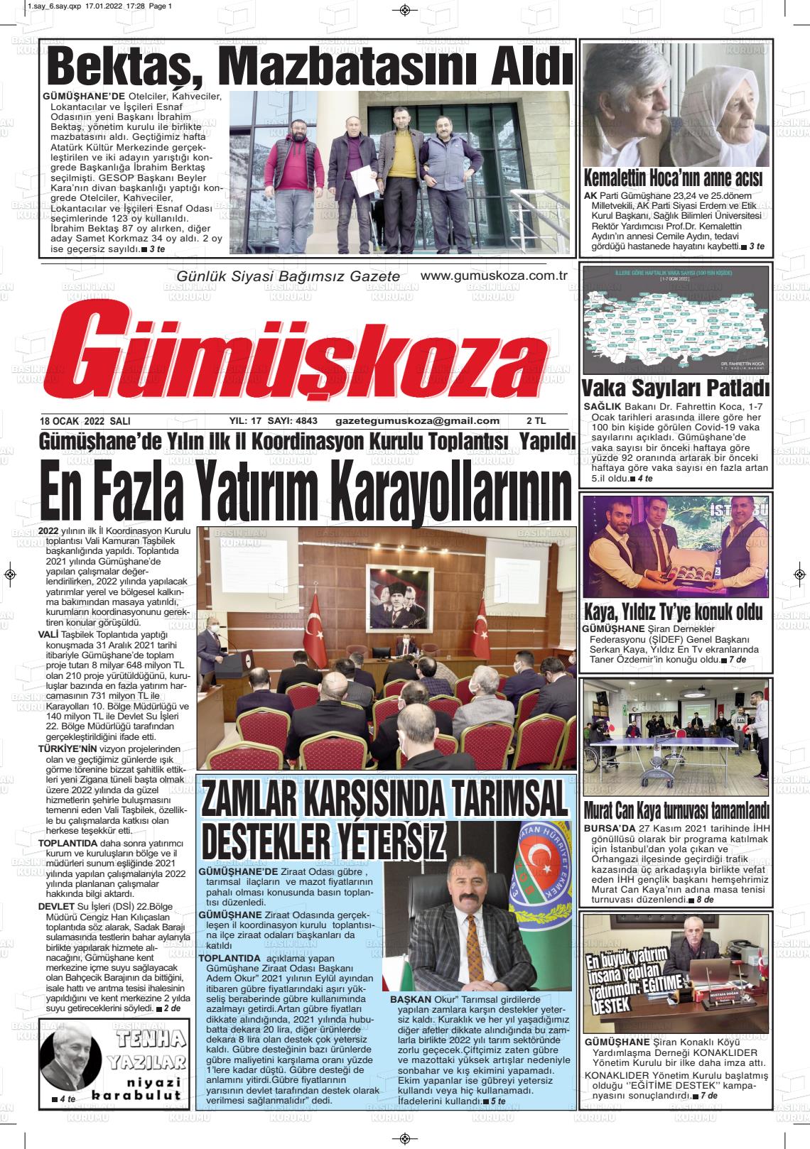 18 Ocak 2022 Gümüşkoza Gazete Manşeti