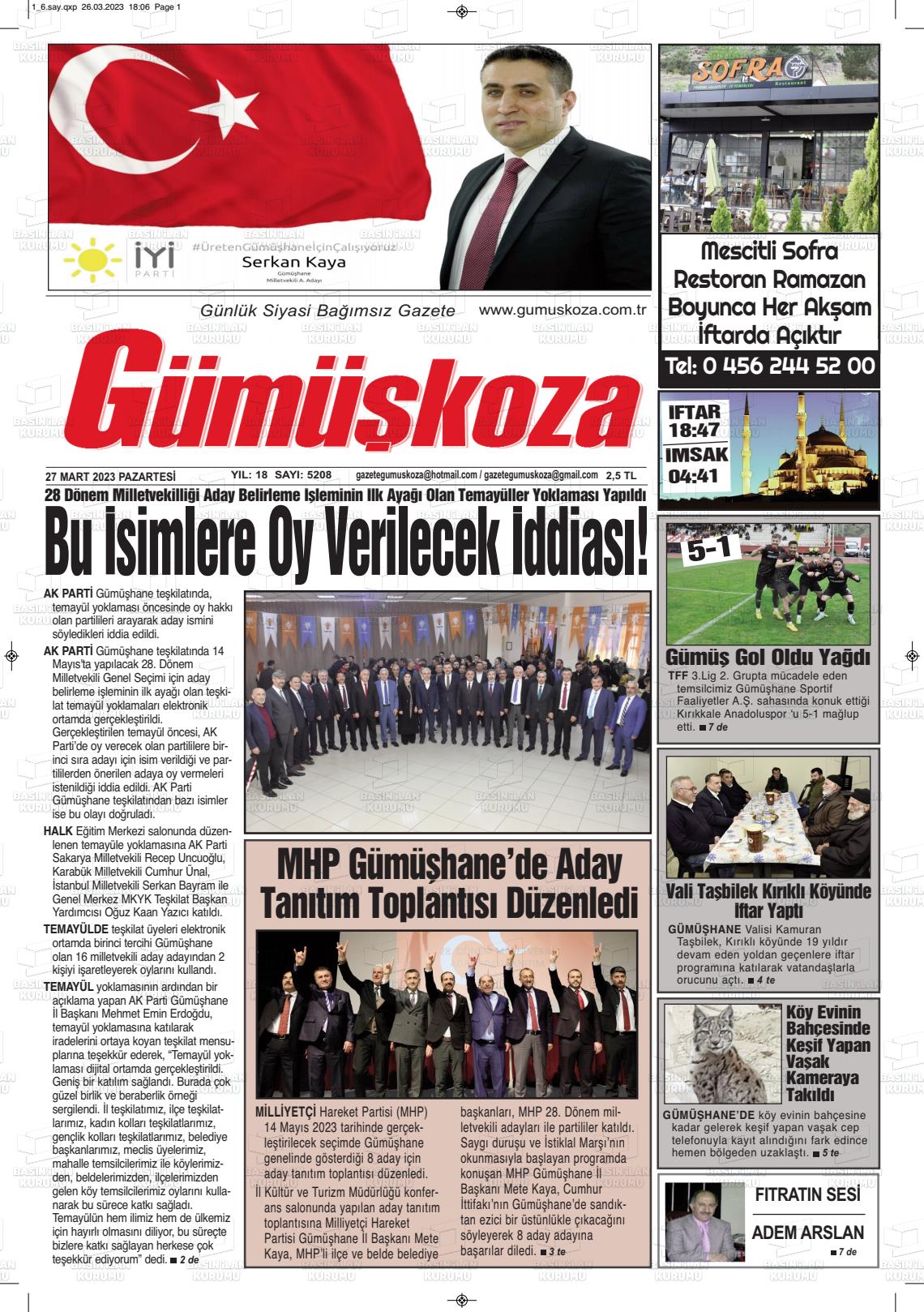 27 Mart 2023 Gümüşkoza Gazete Manşeti