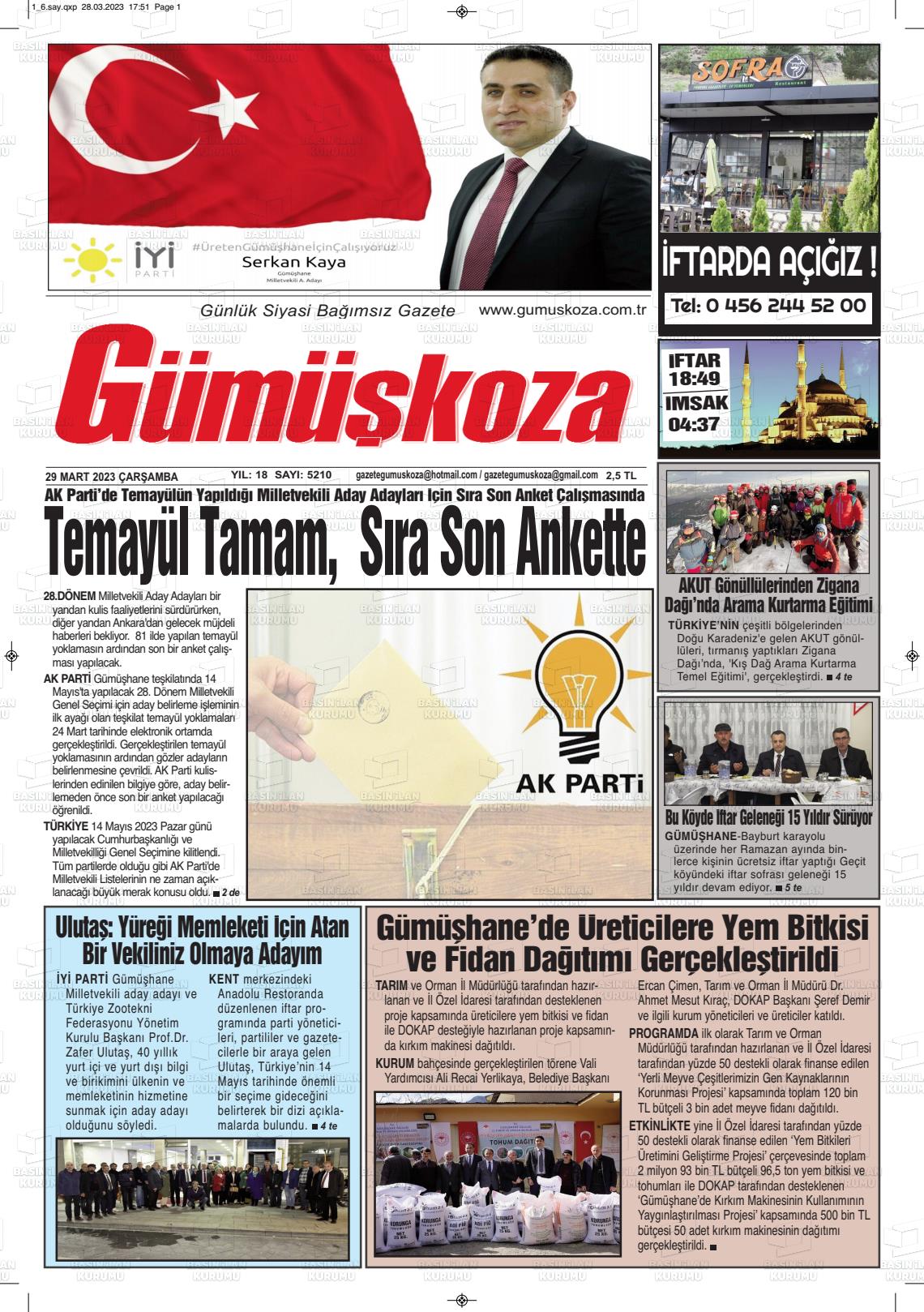 29 Mart 2023 Gümüşkoza Gazete Manşeti