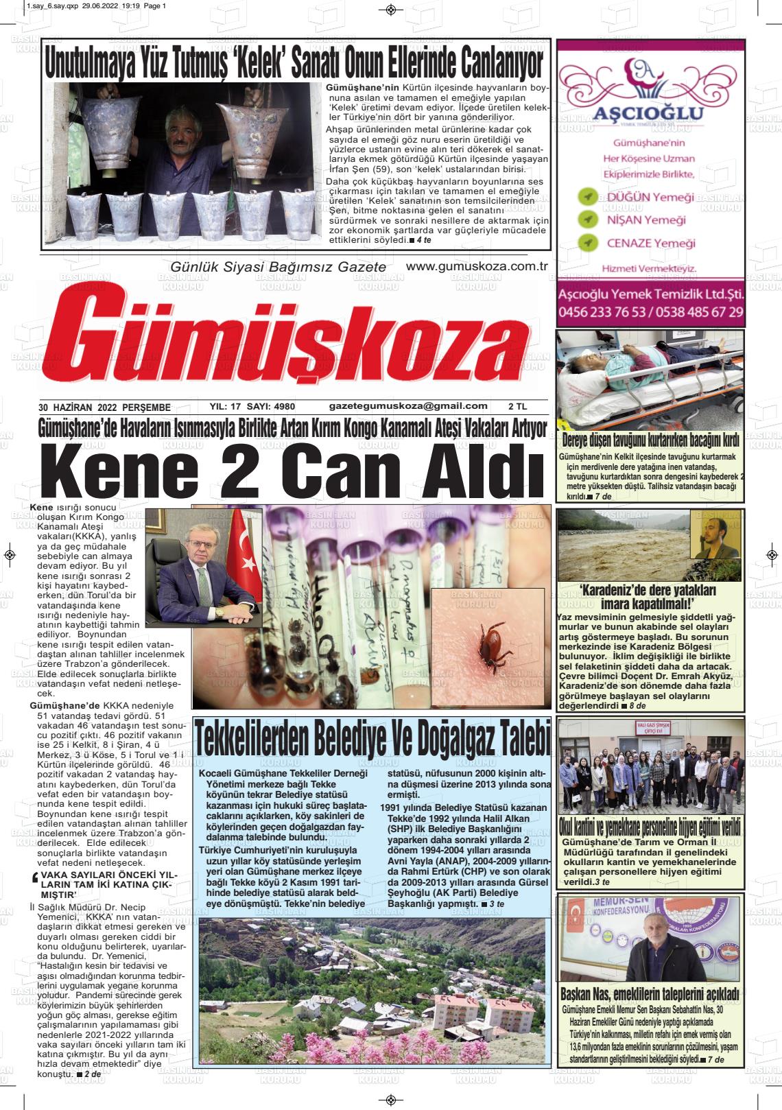01 Temmuz 2022 Gümüşkoza Gazete Manşeti