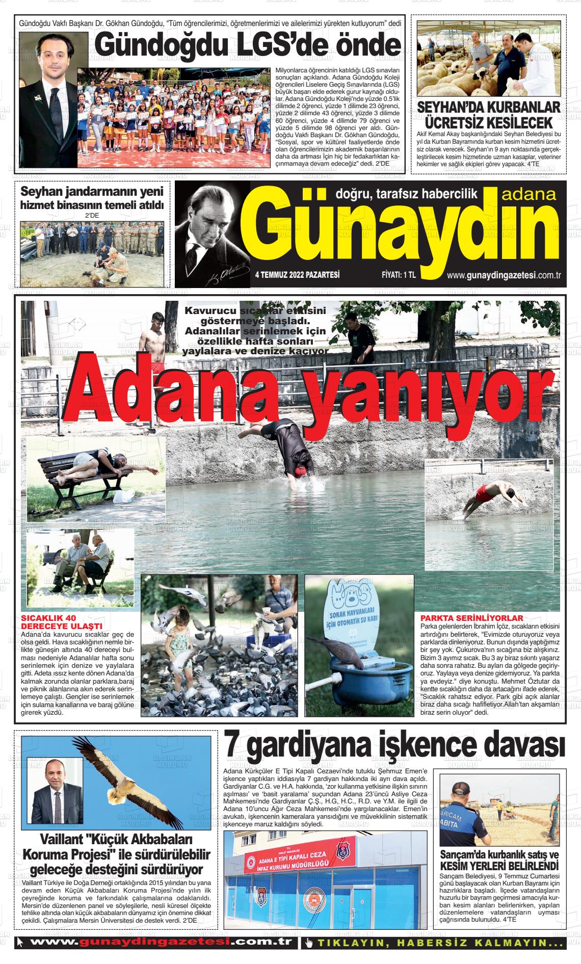 04 Temmuz 2022 Günaydın Adana Gazete Manşeti