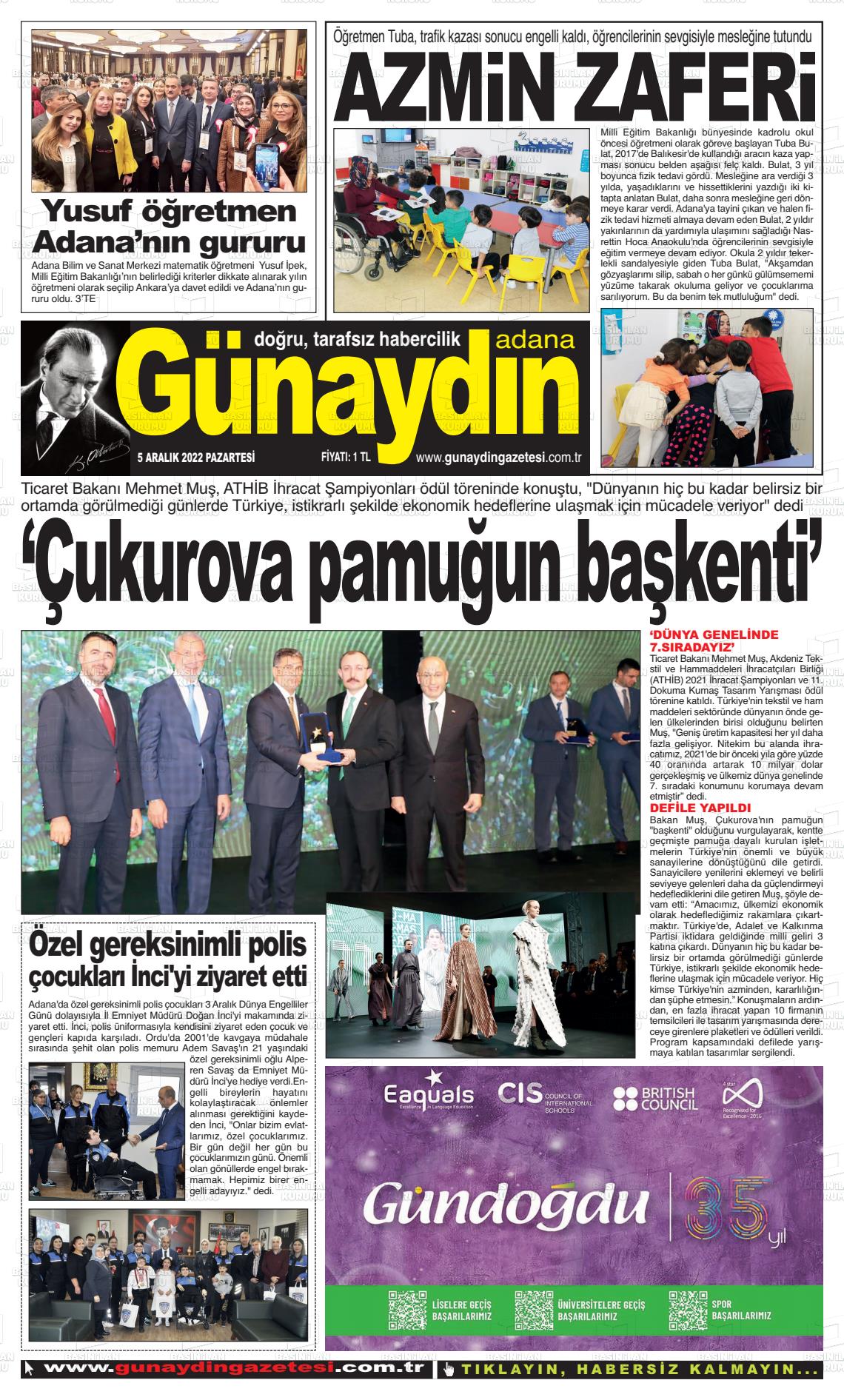 05 Aralık 2022 Günaydın Adana Gazete Manşeti