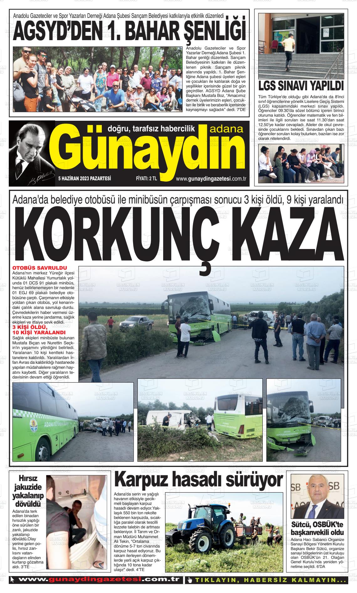 05 Haziran 2023 Günaydın Adana Gazete Manşeti