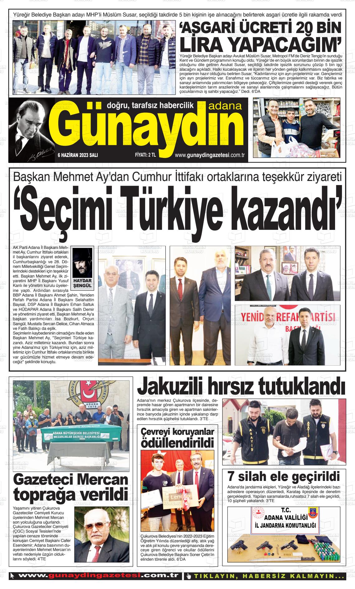 06 Haziran 2023 Günaydın Adana Gazete Manşeti