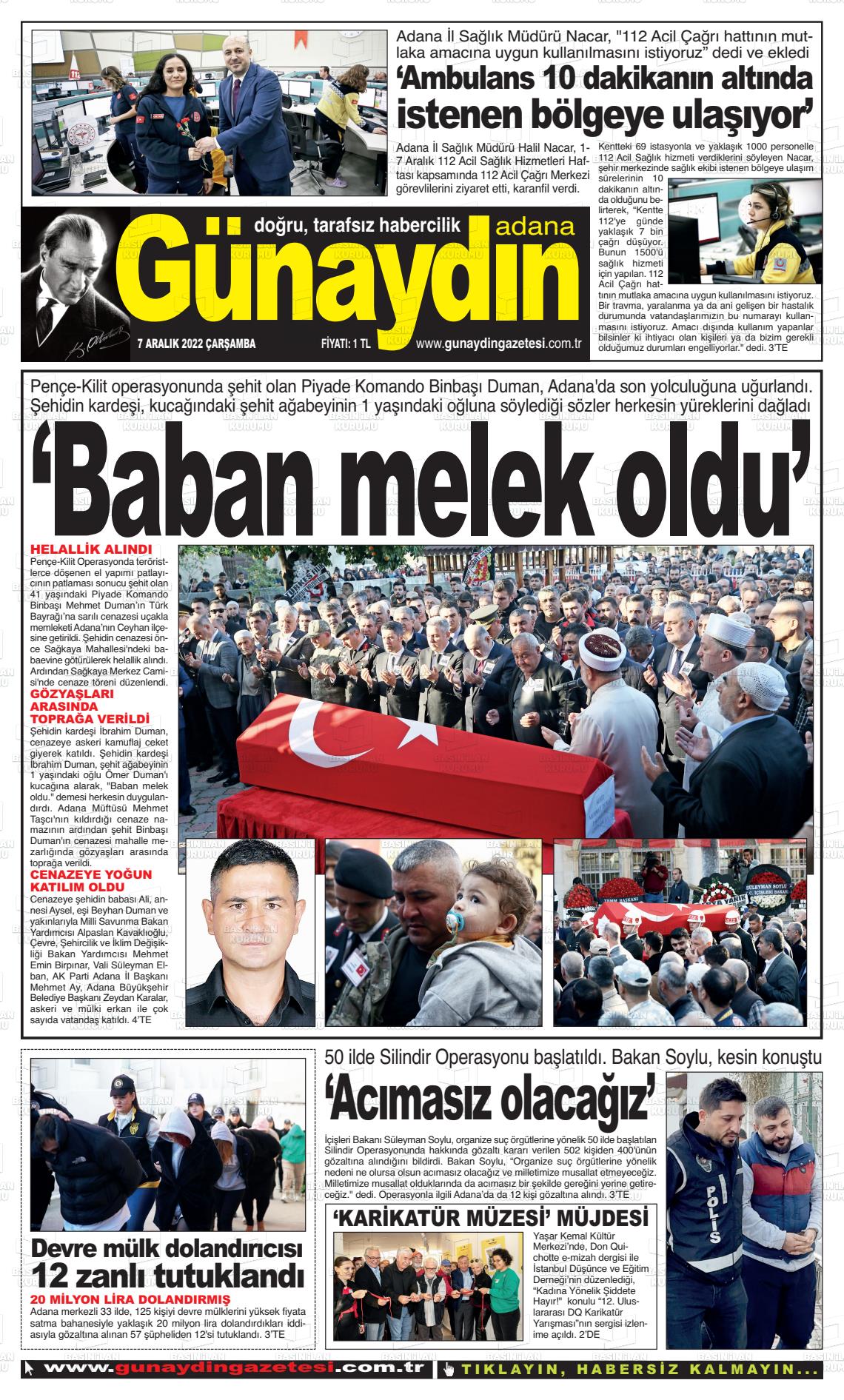 07 Aralık 2022 Günaydın Adana Gazete Manşeti