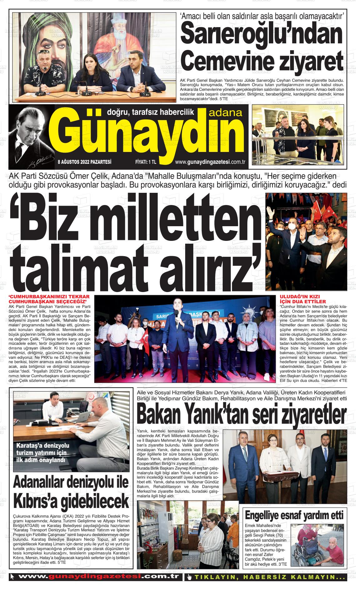 08 Ağustos 2022 Günaydın Adana Gazete Manşeti