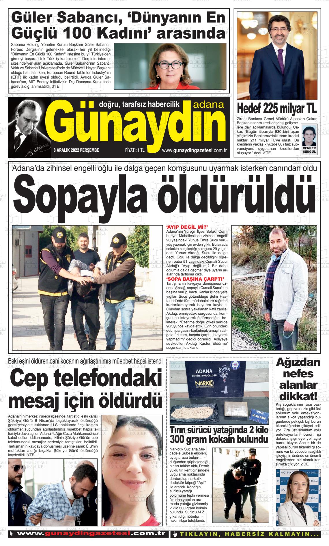 08 Aralık 2022 Günaydın Adana Gazete Manşeti