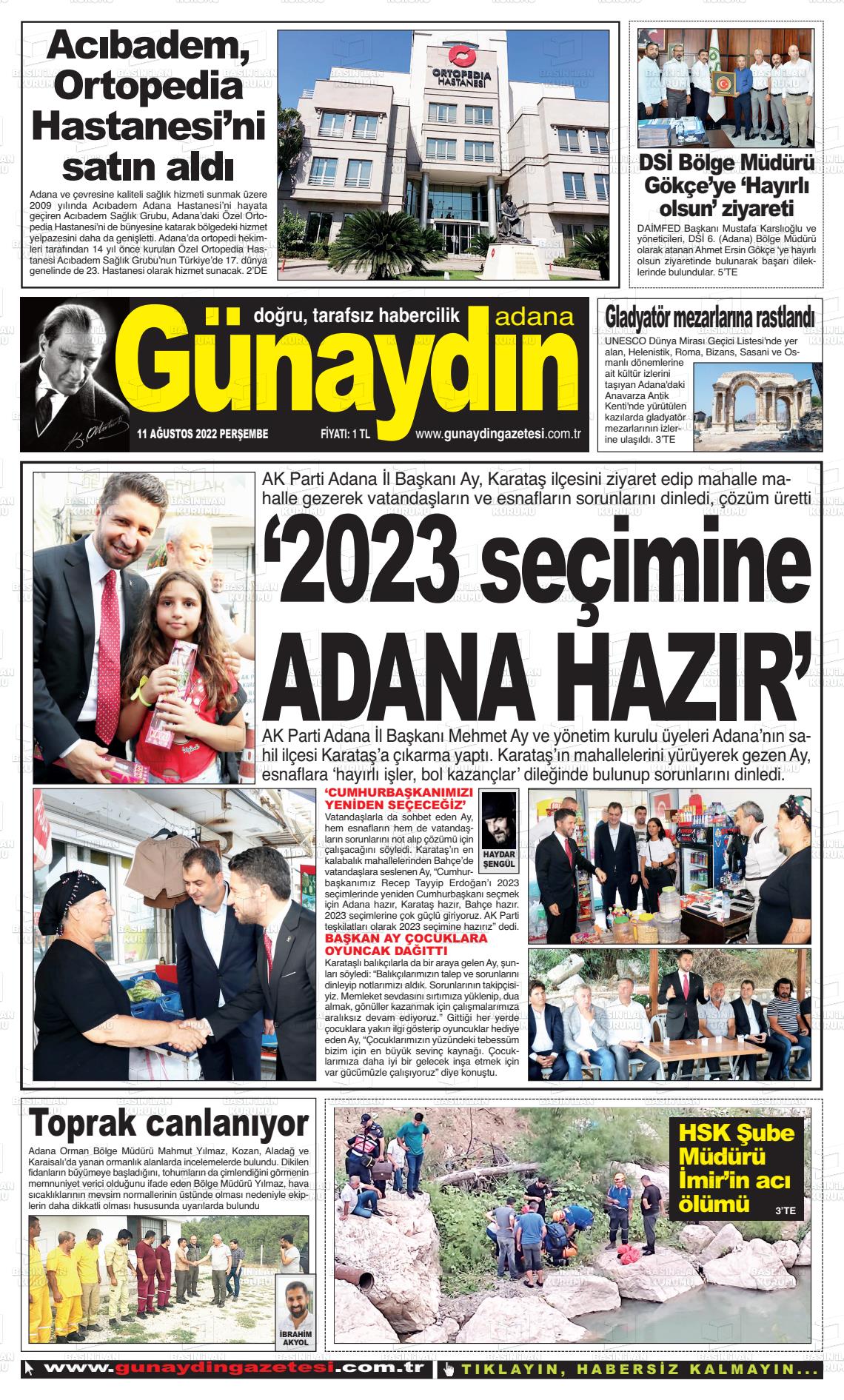 11 Ağustos 2022 Günaydın Adana Gazete Manşeti