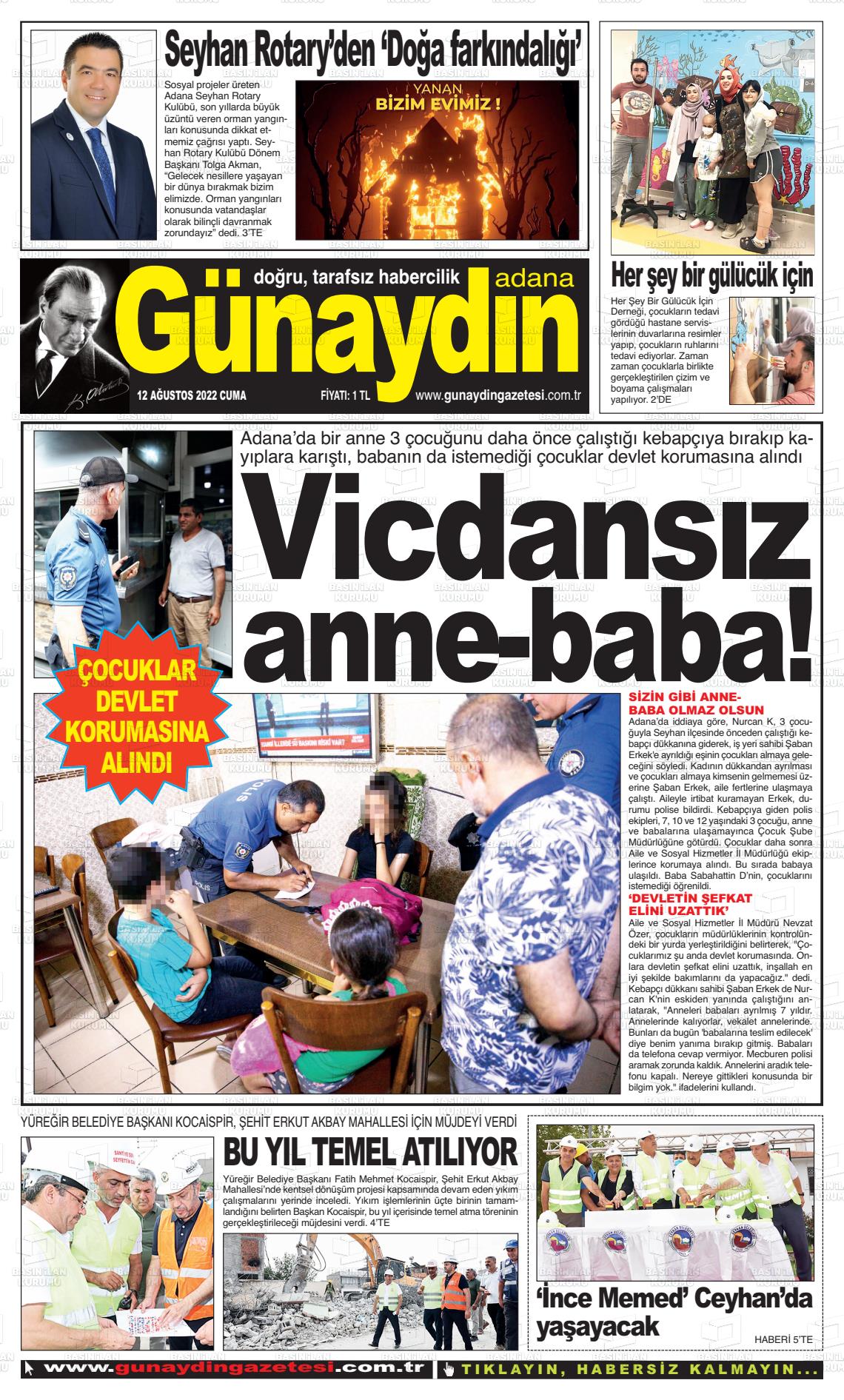 12 Ağustos 2022 Günaydın Adana Gazete Manşeti