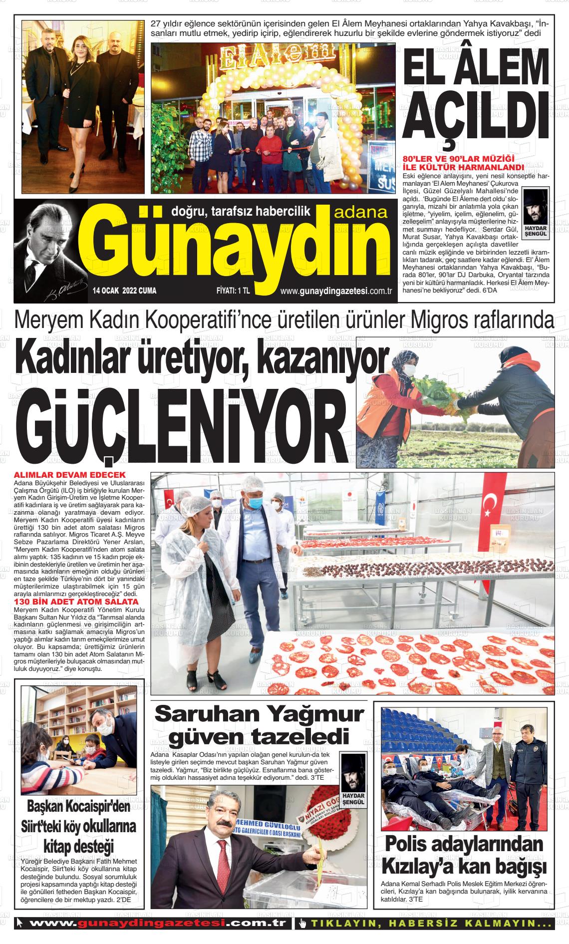 14 Ocak 2022 Günaydın Adana Gazete Manşeti