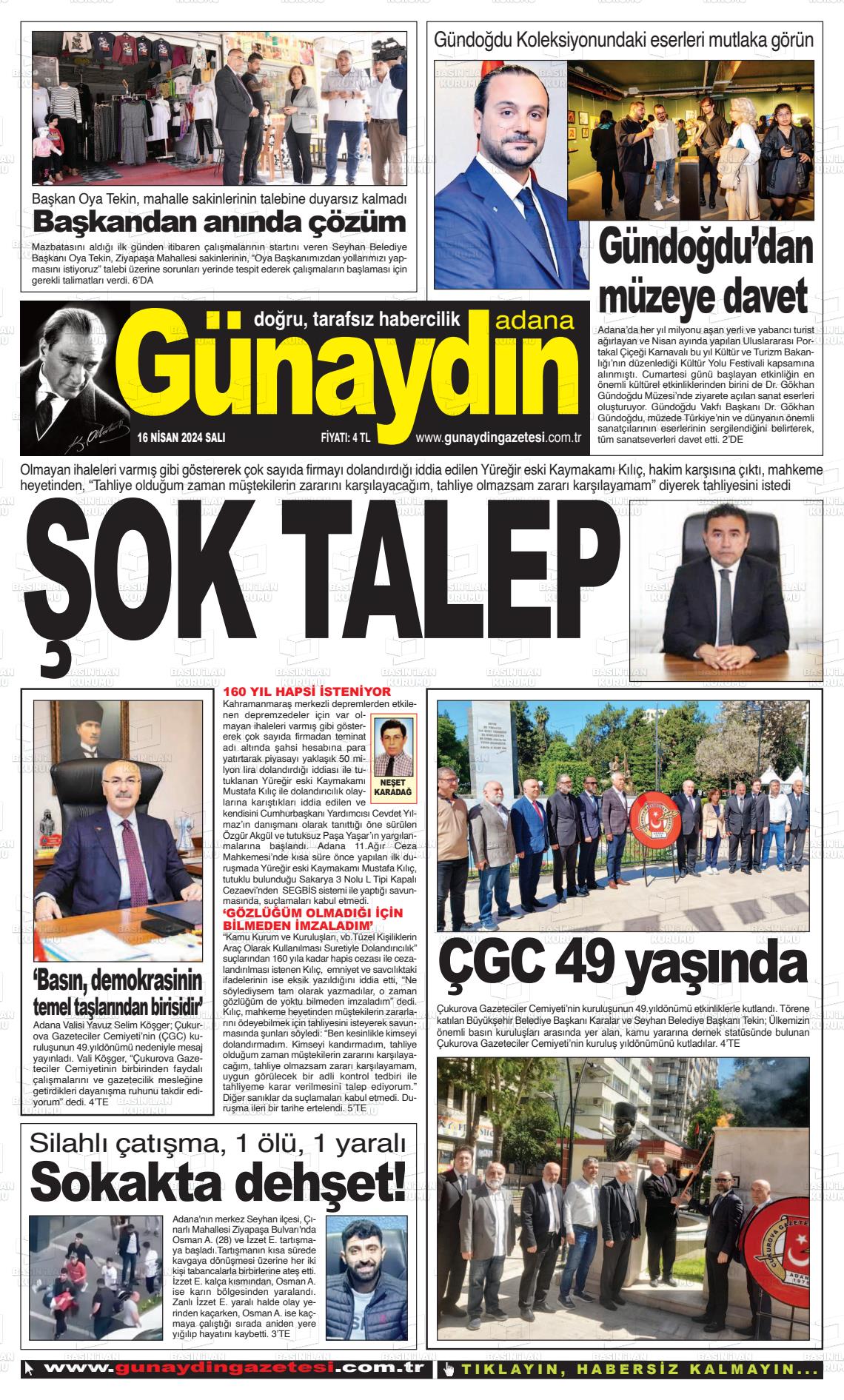 17 Nisan 2024 Günaydın Adana Gazete Manşeti