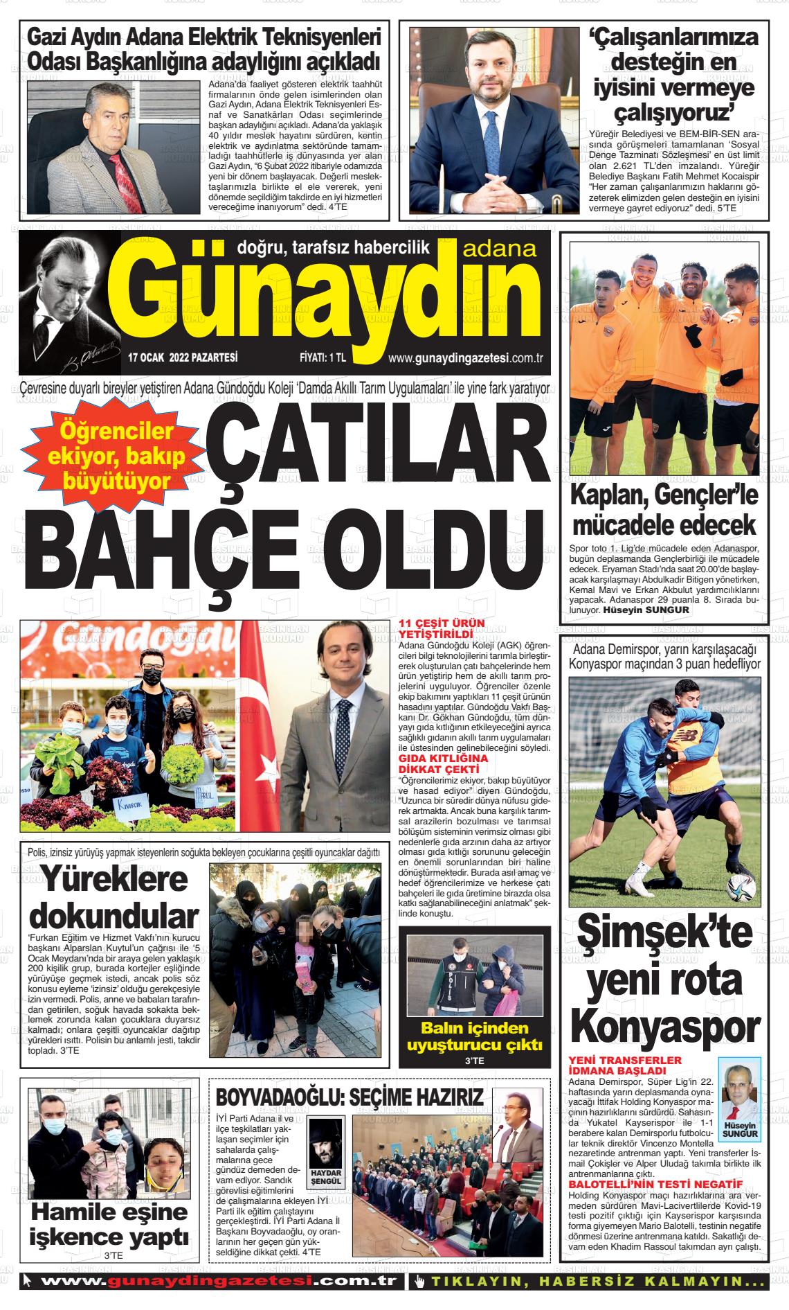 17 Ocak 2022 Günaydın Adana Gazete Manşeti