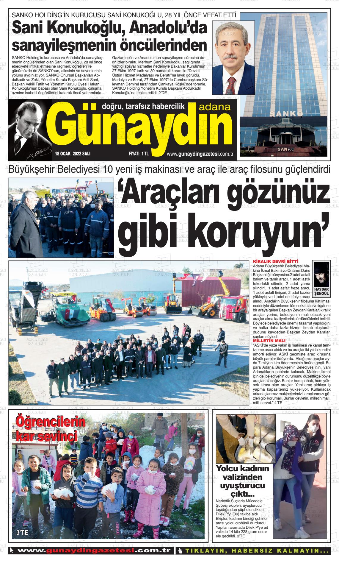 18 Ocak 2022 Günaydın Adana Gazete Manşeti