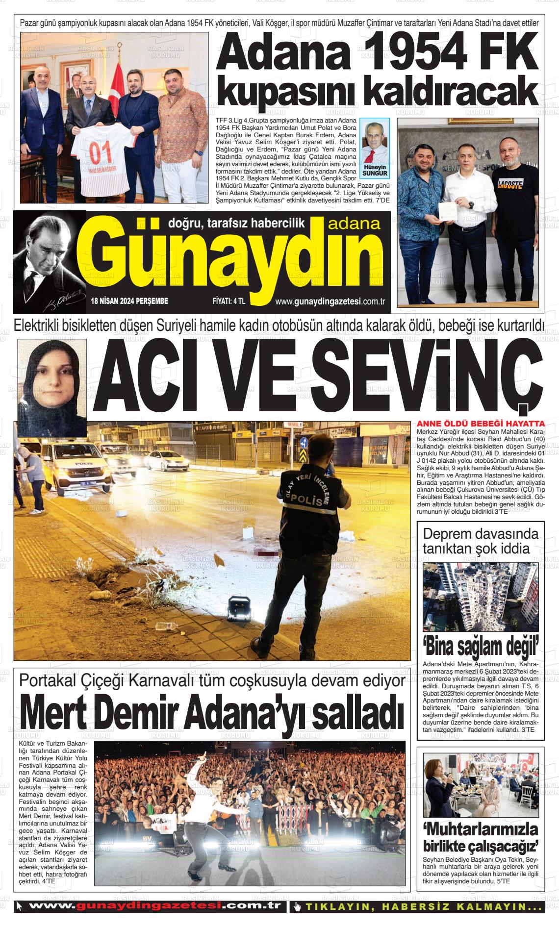 19 Nisan 2024 Günaydın Adana Gazete Manşeti