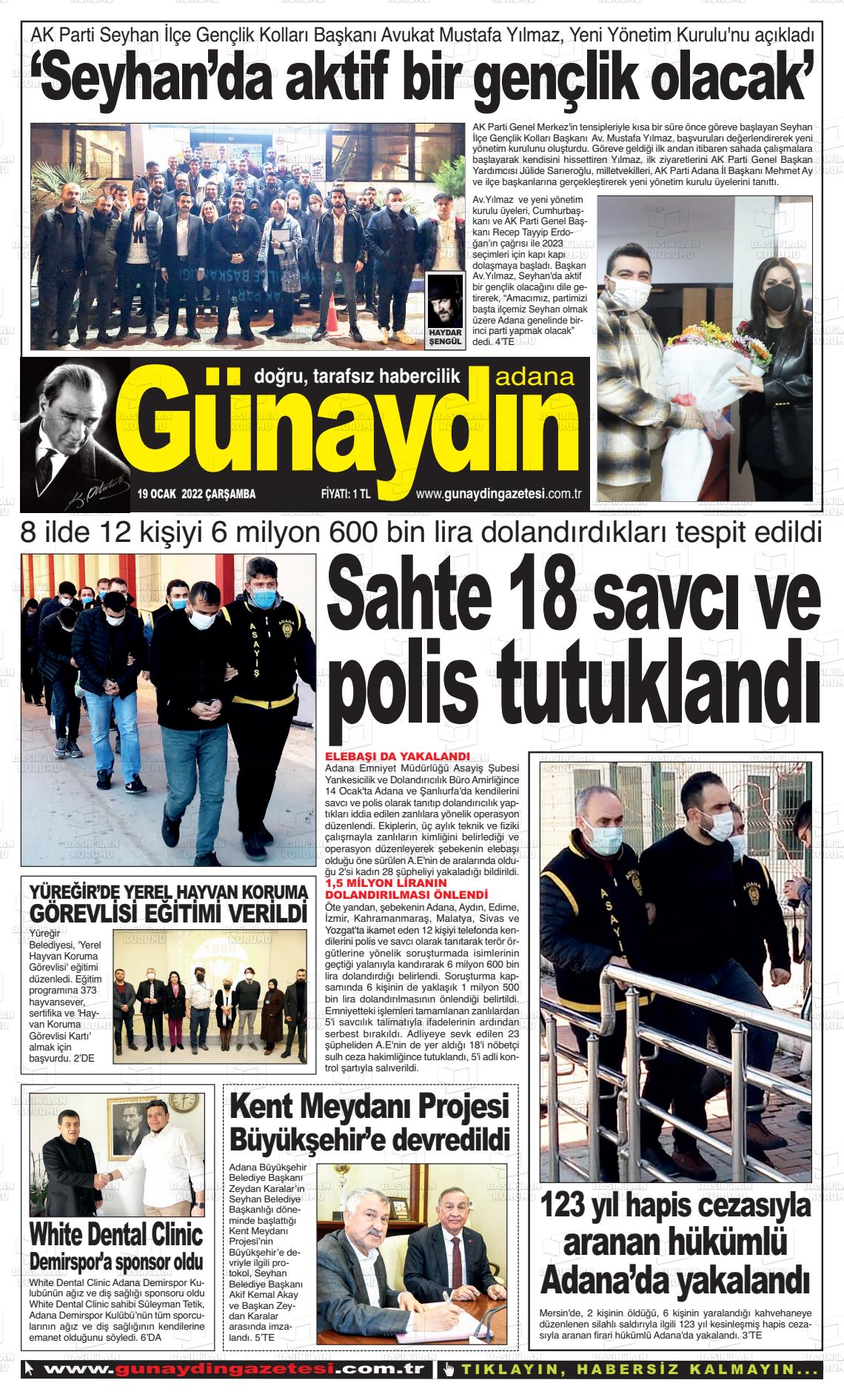 19 Ocak 2022 Günaydın Adana Gazete Manşeti