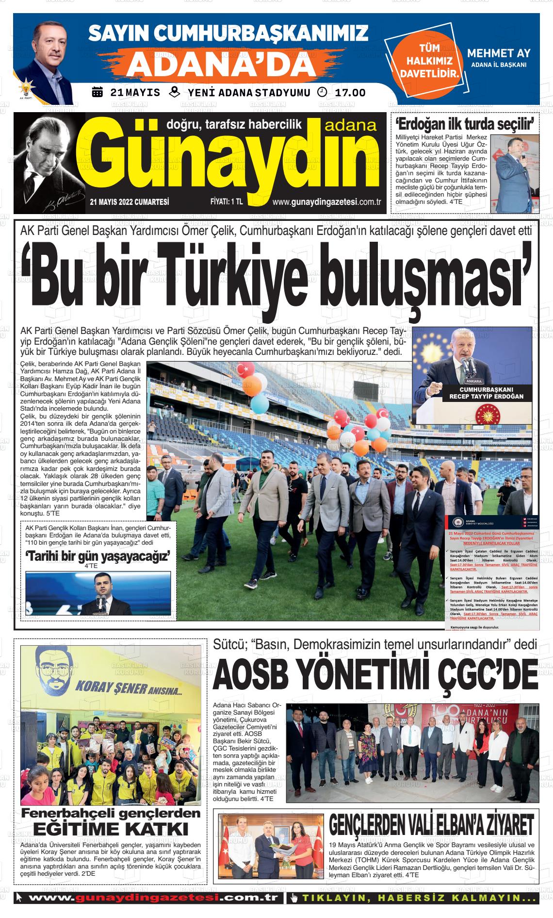 21 Mayıs 2022 Günaydın Adana Gazete Manşeti
