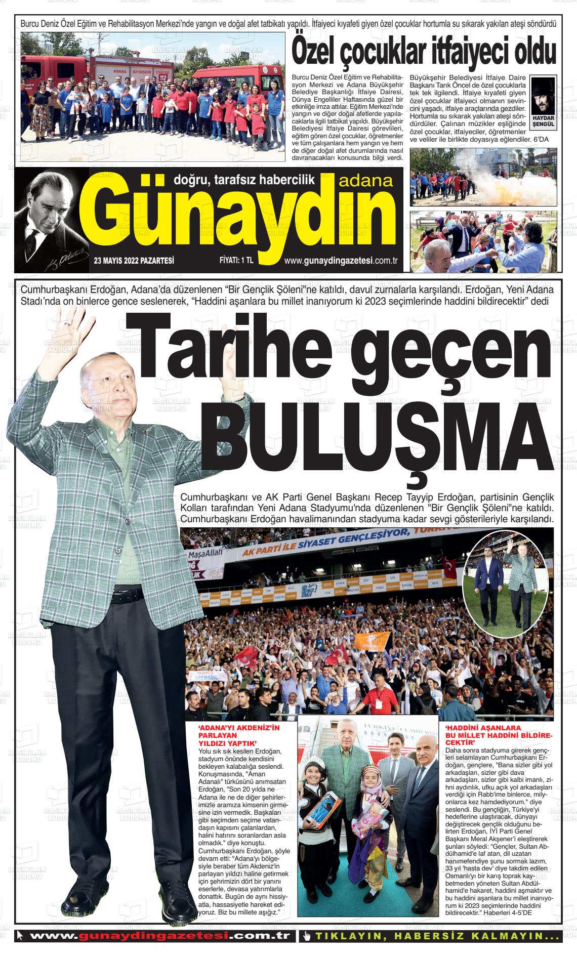 23 Mayıs 2022 Günaydın Adana Gazete Manşeti