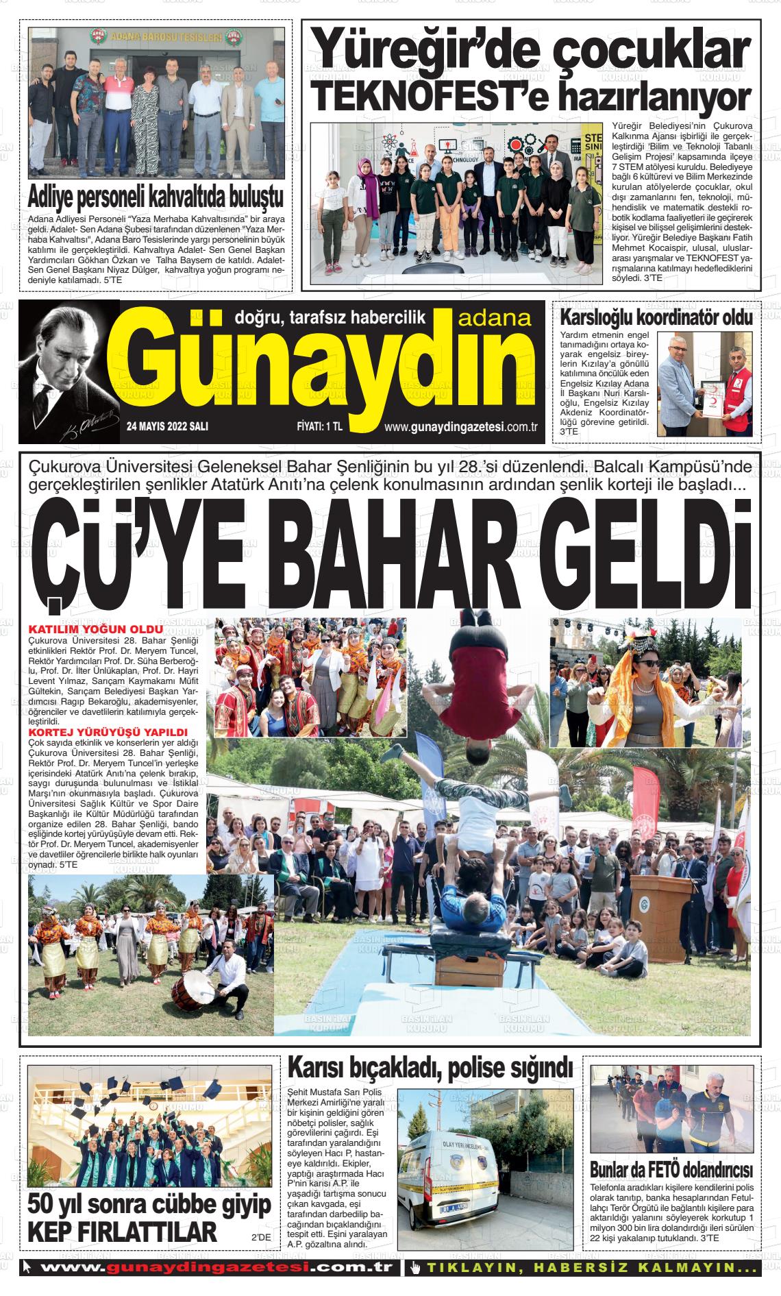 24 Mayıs 2022 Günaydın Adana Gazete Manşeti