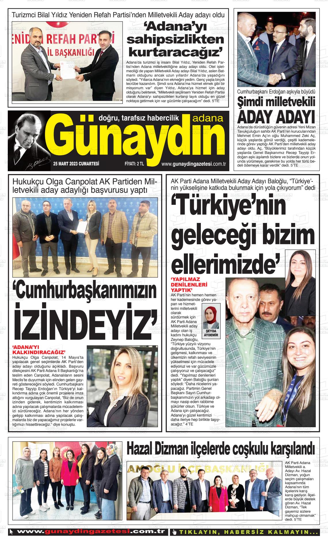 25 Mart 2023 Günaydın Adana Gazete Manşeti