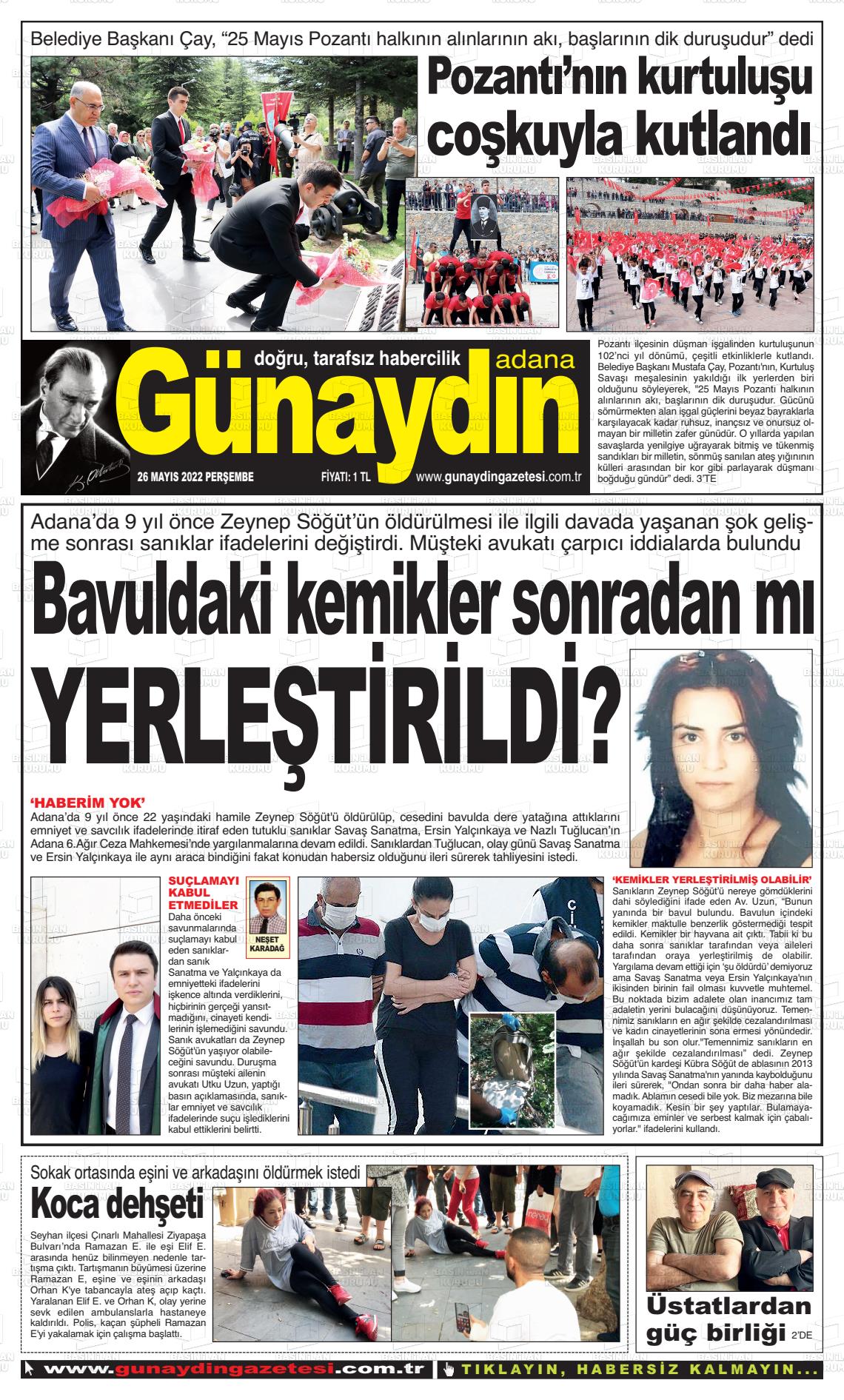 26 Mayıs 2022 Günaydın Adana Gazete Manşeti