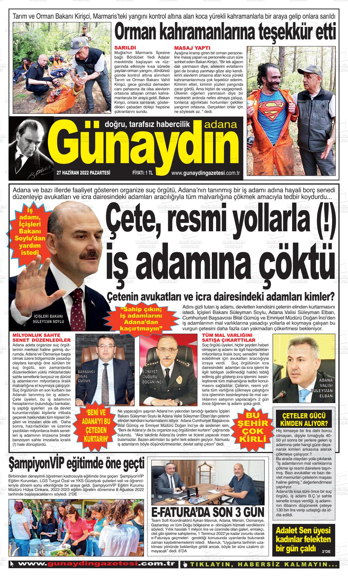 27 Haziran 2022 Günaydın Adana Gazete Manşeti