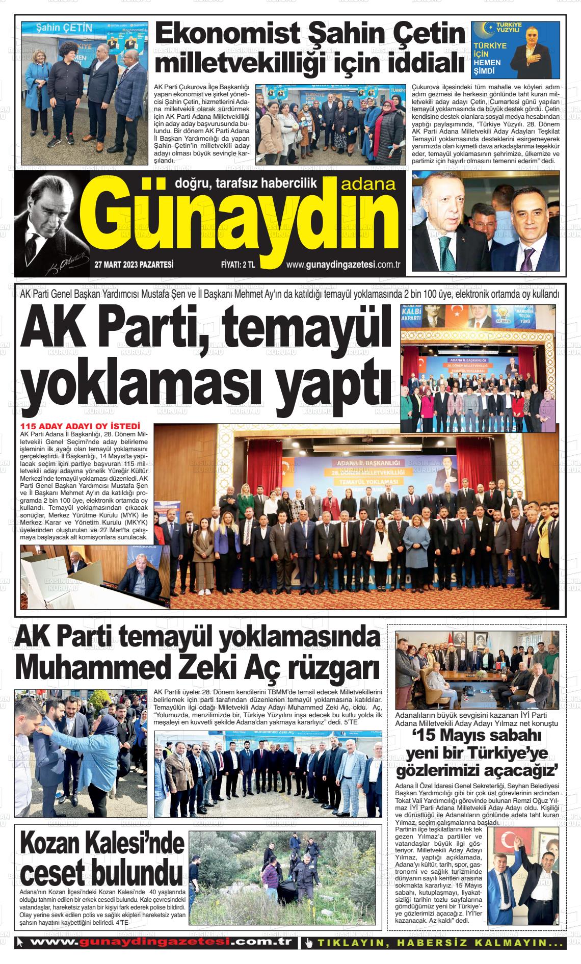 27 Mart 2023 Günaydın Adana Gazete Manşeti