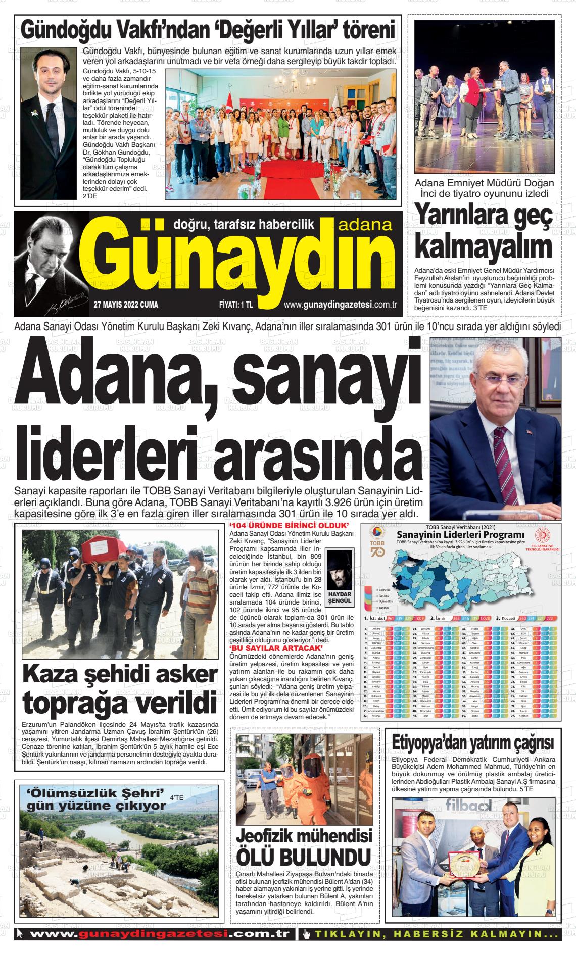 27 Mayıs 2022 Günaydın Adana Gazete Manşeti