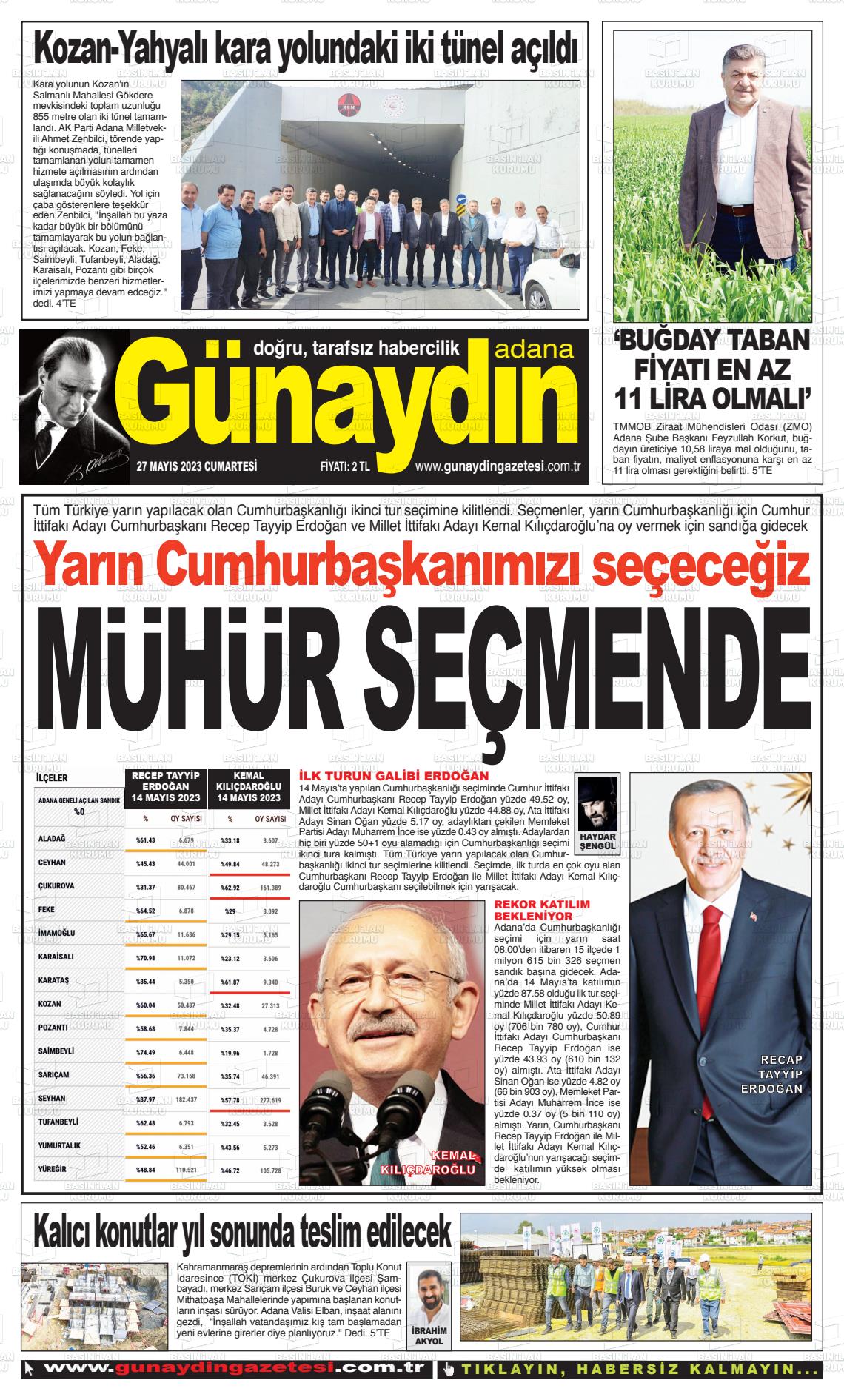 27 Mayıs 2023 Günaydın Adana Gazete Manşeti