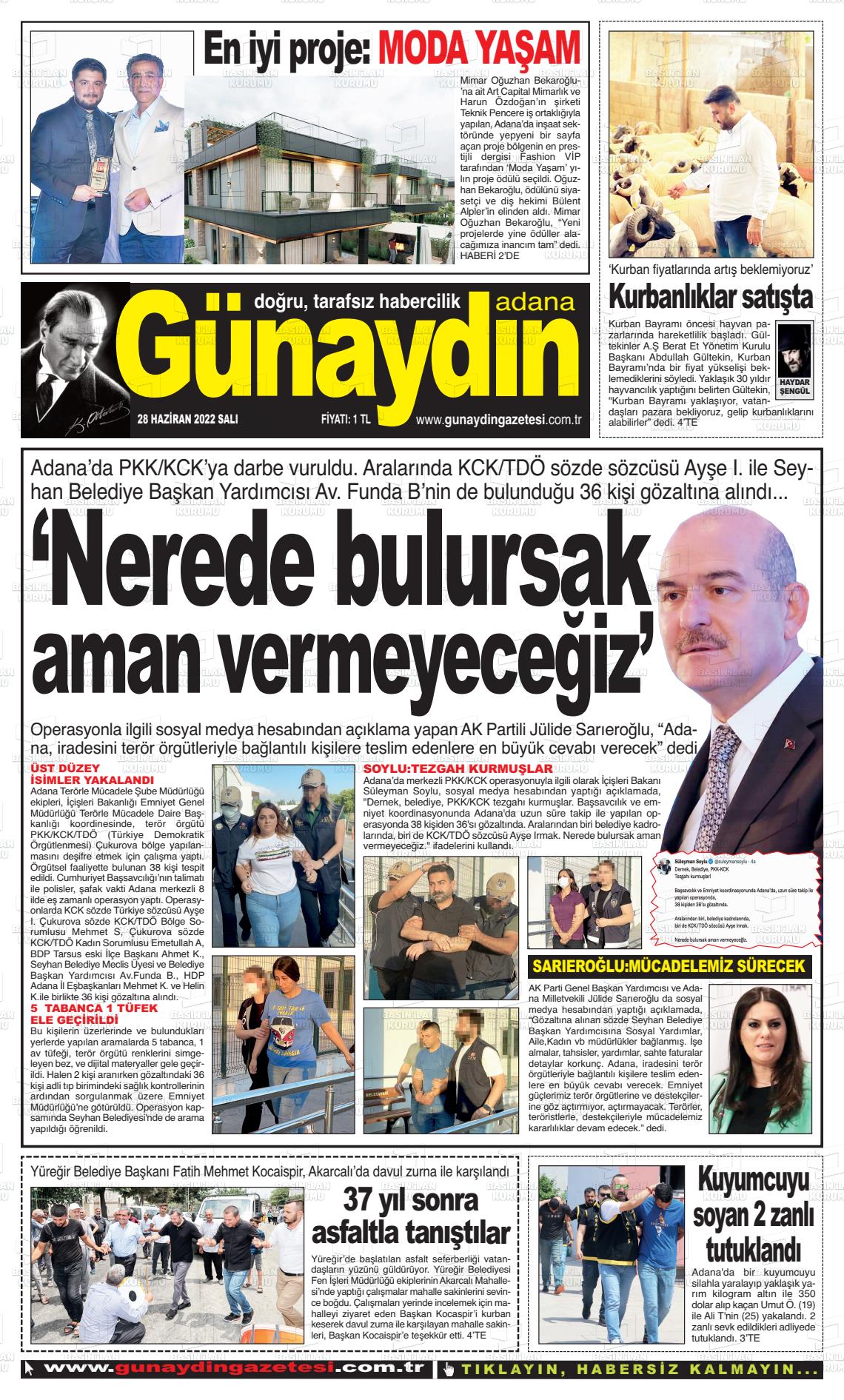 28 Haziran 2022 Günaydın Adana Gazete Manşeti