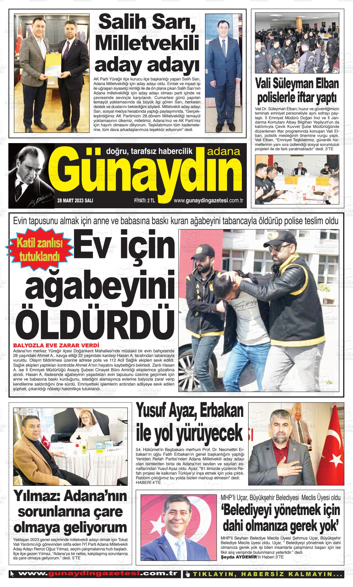 28 Mart 2023 Günaydın Adana Gazete Manşeti